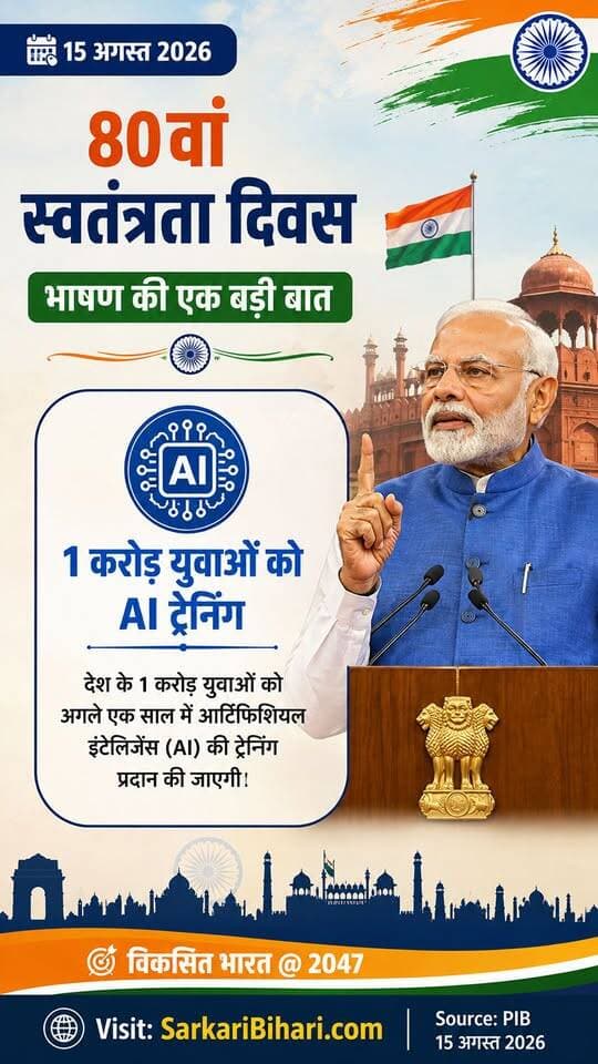 🇮🇳 80वें स्वतंत्रता दिवस पर बड़ी बात!
देश के 1 करोड़ युवाओं को अगले एक साल में AI Training देने का लक्ष्य। 🤖🇮🇳
यह पहल युवाओं को नई तकनीक और भविष्य के रोजगार के लिए तैयार करने की दिशा में एक बड़ा कदम है।
📌 Source: PIB | 15 अगस्त 2026
#IndependenceDay #AITraining #ViksitBharat #15August #SarkariBihari