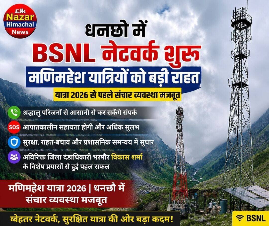 ЁЯУбрдзрдирдЫреМ рдореЗрдВ BSNL рдиреЗрдЯрд╡рд░реНрдХ рд╢реБрд░реВ, рдордгрд┐рдорд╣реЗрд╢ рдпрд╛рддреНрд░рд┐рдпреЛрдВ рдХреЛ рдмрдбрд╝реА рд░рд╛рд╣рдд
рд╢реНрд░реА рдордгрд┐рдорд╣реЗрд╢ рдпрд╛рддреНрд░рд╛тАУ2026 рд╕реЗ рдкрд╣рд▓реЗ рдзрдирдЫреМ рдореЗрдВ BSNL рдореЛрдмрд╛рдЗрд▓ рдиреЗрдЯрд╡рд░реНрдХ рд╕реЗрд╡рд╛ рд╢реБрд░реВ рдХрд░ рджреА рдЧрдИ рд╣реИред
рдЗрд╕рд╕реЗ рд╢реНрд░рджреНрдзрд╛рд▓реБ рдкрд░рд┐рдЬрдиреЛрдВ рд╕реЗ рдЖрд╕рд╛рдиреА рд╕реЗ рд╕рдВрдкрд░реНрдХ рдХрд░ рд╕рдХреЗрдВрдЧреЗ, рд╡рд╣реАрдВ рдЖрдкрд╛рддрдХрд╛рд▓реАрди рд╕рд╣рд╛рдпрддрд╛, рд╕реБрд░рдХреНрд╖рд╛, рд░рд╛рд╣рдд-рдмрдЪрд╛рд╡ рдФрд░ рдкреНрд░рд╢рд╛рд╕рдирд┐рдХ рд╕рдордиреНрд╡рдп рднреА рдФрд░ рдмреЗрд╣рддрд░ рд╣реЛрдЧрд╛ред
рд╢реНрд░рджреНрдзрд╛рд▓реБрдУрдВ рдХреА рд╕реБрд╡рд┐рдзрд╛ рдФрд░ рд╕реБрд░рдХреНрд╖рд╛ рдХреЛ рдкреНрд░рд╛рдердорд┐рдХрддрд╛ рджреЗрддреЗ рд╣реБрдП рдЕрддрд┐рд░рд┐рдХреНрдд рдЬрд┐рд▓рд╛ рджрдВрдбрд╛рдзрд┐рдХрд╛рд░реА рднрд░рдореМрд░ рд╡рд┐рдХрд╛рд╕ рд╢рд░реНрдорд╛ рдХреЗ рд╡рд┐рд╢реЗрд╖ рдкреНрд░рдпрд╛рд╕реЛрдВ рд╕реЗ рдпрд╣ рдорд╣рддреНрд╡рдкреВрд░реНрдг рд╕реБрд╡рд┐рдзрд╛ рдзрд░рд╛рддрд▓ рдкрд░ рдЙрддрд░реА рд╣реИред
рдордгрд┐рдорд╣реЗрд╢ рдпрд╛рддреНрд░рд╛ 2026 | рдзрдирдЫреМ рдореЗрдВ рд╕рдВрдЪрд╛рд░ рд╡реНрдпрд╡рд╕реНрдерд╛ рдордЬрдмреВрдд
рдмреЗрд╣рддрд░ рдиреЗрдЯрд╡рд░реНрдХ, рд╕реБрд░рдХреНрд╖рд┐рдд рдпрд╛рддреНрд░рд╛ рдХреА рдУрд░ рдмрдбрд╝рд╛ рдХрджрдо!
рдЗрд╕рдХрд╛ рдПрдХ рдЕрдЪреНрдЫрд╛ рд╕рд╛ рдлреЗрд╕рдмреБрдХ рдлреЛрдЯреЛ рдмрдирд╛ рджреЛ
рдЗрд╕рдХрд╛ рд╕рд╛рдЗрдЬ рдлреЗрд╕рдмреБрдХ рд╕рд╛рдЗрдЬ рдлреЛрдЯреЛ рд╣реЛрдирд╛ рдЪрд╛рд╣рд┐рдП рдФрд░ рдЪреИрдирд▓ рдХрд╛ рд▓реЛрдЧреЛ рднреА рдРрдб рдХрд░ рджреЗрдирд╛
Ek Nazar Himachal News