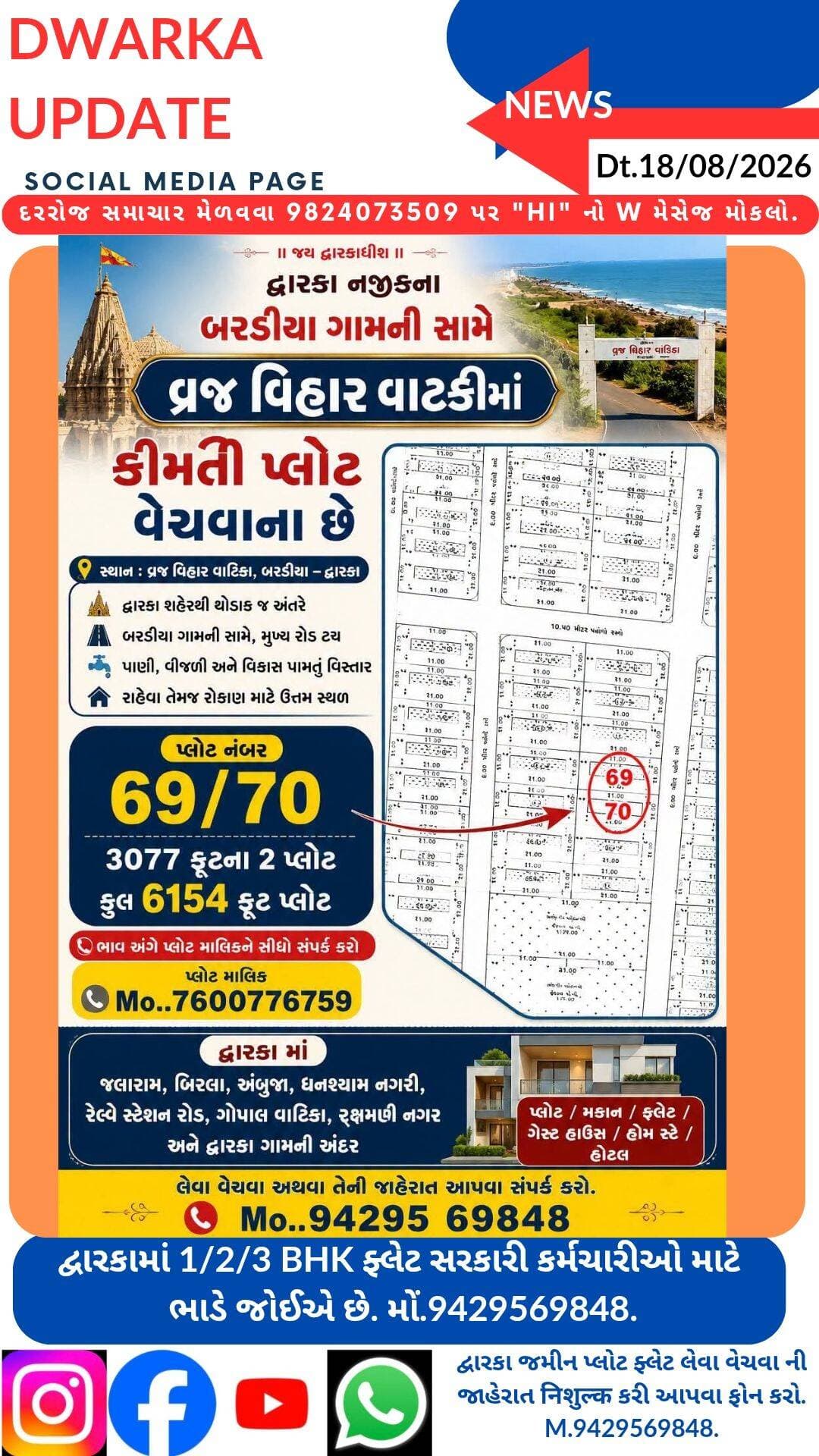 દ્વારકા થી જામનગર/સોમનાથ મુખ્ય માર્ગ પર આવેલા
બરડીયા ગામ ની સામે વ્રજ વિહાર વાટિકામાં બે કિંમતી પ્લોટ વેચવાના છે..
દ્વારકા નગરીના જલારામ,અંબુજા,બિરલા,ઘનશ્યામ નગર,રેલ્વે સ્ટેશન રોડ,રૂક્ષમણી નગર અઠવા બરડીયા ચરકલા રોડ પર પ્લોટ લેવા માટે અમારો સંપર્ક કરો.
Mo..94295 69848.
https://www.facebook.com/share/p/1FNy85mhsT/