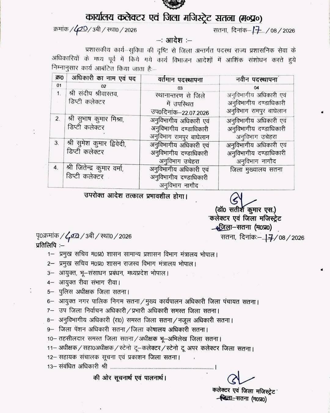 सतना म प्र 🆕 सतना जिले में कलेक्टर ने एसडीएम अफसरों के कार्यों में किया फेर बदल 👇👇
<nis:link nis:type=tag nis:id=madhyapradesh nis:value=MadhyaPradesh nis:enabled=true nis:link/>
<nis:link nis:type=tag nis:id=satna nis:value=satna nis:enabled=true nis:link/>