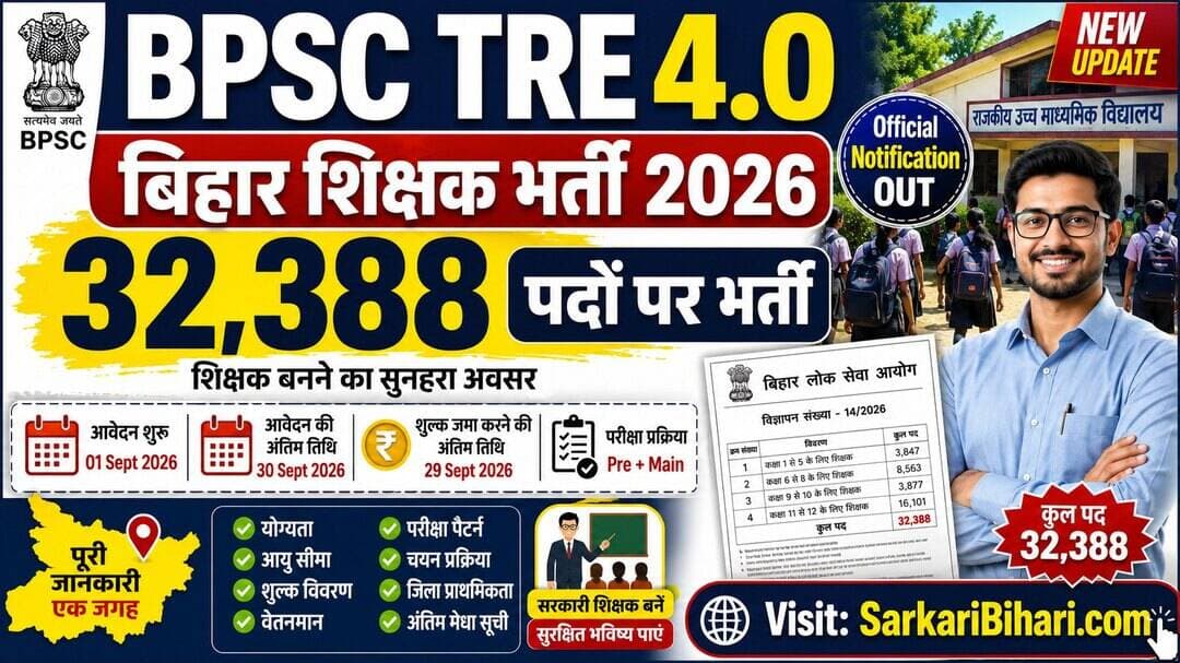 ЁЯУв BPSC TRE 4.0 Recruitment 2026: Big Update
Bihar рдореЗрдВ 32,388 Teacher Posts рдХреЗ рд▓рд┐рдП online application рдЬрд▓реНрдж рд╢реБрд░реВ рд╣реЛрдЧрд╛ред
ЁЯУМ Apply Start: 01 September 2026
ЁЯУМ Last Date: 30 September 2026
ЁЯУМ Payment Last Date: 29 September 2026
ЁЯУМ Selection: Preliminary + Main Exam
ЁЯУМ Interview: рдирд╣реАрдВ
Eligibility, Vacancy, Syllabus, Exam Pattern рдФрд░ Apply Process рдХреА рдкреВрд░реА рдЬрд╛рдирдХрд╛рд░реА SarkariBihari.com рдкрд░ рджреЗрдЦреЗрдВред
<nis:link nis:type=tag nis:id=bpsctre4 nis:value=BPSCTRE4 nis:enabled=true nis:link/> <nis:link nis:type=tag nis:id=biharteacher nis:value=BiharTeacher nis:enabled=true nis:link/> <nis:link nis:type=tag nis:id=bpsc nis:value=BPSC nis:enabled=true nis:link/> <nis:link nis:type=tag nis:id=biharjobs nis:value=BiharJobs nis:enabled=true nis:link/> <nis:link nis:type=tag nis:id=sarkaribihari nis:value=SarkariBihari nis:enabled=true nis:link/>