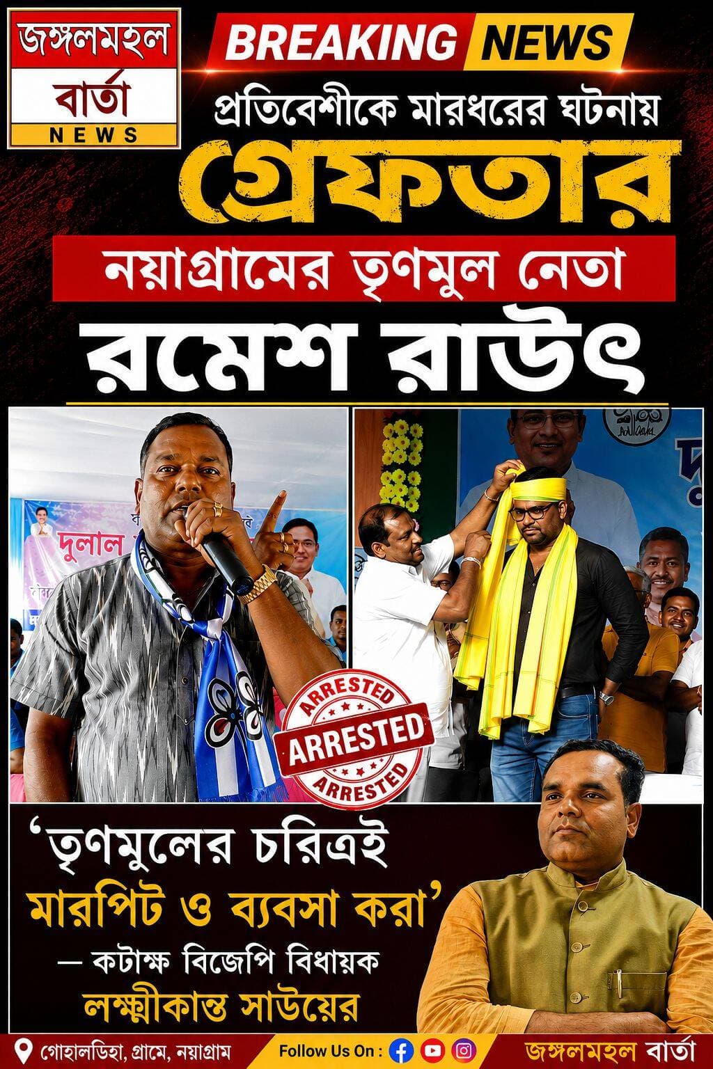 প্রতিবেশীকে মারধরের ঘটনায় গ্রেফতার নয়াগ্রামের তৃণমূল নেতা রমেশ রাউৎ, ‘তৃণমূলের চরিত্রই মারপিট ও ব্যবসা করা’—কটাক্ষ বিজেপি বিধায়ক লক্ষ্মীকান্ত সাউয়ের।
<nis:link nis:type=tag nis:id=jhargram nis:value=Jhargram nis:enabled=true nis:link/> <nis:link nis:type=tag nis:id=arrest nis:value=Arrest nis:enabled=true nis:link/> <nis:link nis:type=tag nis:id=nayagram nis:value=Nayagram nis:enabled=true nis:link/> <nis:link nis:type=tag nis:id=rameshrouth nis:value=rameshrouth nis:enabled=true nis:link/>