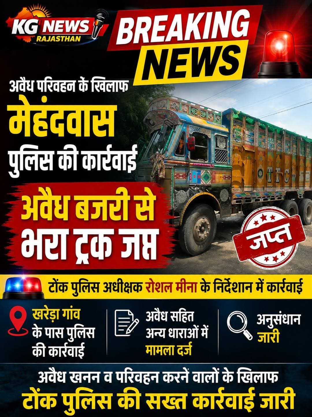 अवैध बजरी परिवहन पर मेहंदवास पुलिस का शिकंजा
अवैध बजरी से भरा ट्रक जप्त
खरेड़ा गांव के पास पुलिस की कार्रवाई
SP रोशन मीना के निर्देशन में कार्रवाई
अवैध परिवहन सहित अन्य धाराओं में मामला दर्ज
पुलिस का अनुसंधान जारी
अवैध बजरी कारोबारियों में मचा हड़कंप,
<nis:link nis:type=tag nis:id=tonk nis:value=Tonk nis:enabled=true nis:link/> <nis:link nis:type=tag nis:id=mehandwas nis:value=Mehandwas nis:enabled=true nis:link/> <nis:link nis:type=tag nis:id=tonkpolice nis:value=TonkPolice nis:enabled=true nis:link/> <nis:link nis:type=tag nis:id=illegalmining nis:value=IllegalMining nis:enabled=true nis:link/> <nis:link nis:type=tag nis:id=bajri nis:value=Bajri nis:enabled=true nis:link/> <nis:link nis:type=tag nis:id=breakingnews nis:value=BreakingNews nis:enabled=true nis:link/> <nis:link nis:type=tag nis:id=kgnewsrajasthan nis:value=KGNewsRajasthan nis:enabled=true nis:link/>