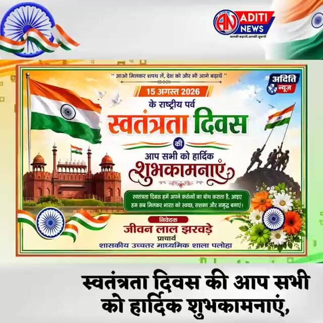 स्वतंत्रता दिवस की हार्दिक शुभकामनाएं, निवेदक :- जीवन लाल झरवड़े प्राचार्य शा.उ.मा.शाला प्लोहा