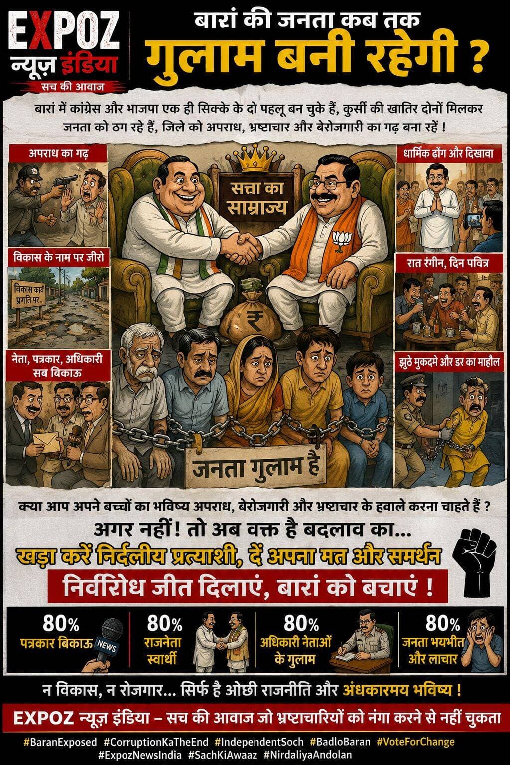 बारां की सियासत पर बड़ा सवाल—जनता कब तक चुप रहेगी?
लो देख लो🫵 मर्द ने सच लिख दिया 80% राजनेता पत्रकार अधिकारी गुलाम है इस जिले में नेताओं के हत्याओं का गढ़ बन चुका है विकास के नाम पर लूट हो रही है और रात में शराब खनक रही है रात रंगीन हो रही है और जनता बेवकूफ बना रही है कांग्रेस और बीजेपी को छोड़ो क्योंकि यहां भाजपा का विधायक जेल जाता है वह भी भाजपा शासन में और कांग्रेस के नेताओं की हत्या होती है कांग्रेस के शासन में और दोनों ही सूरत में यह पूरा कांड करने वाले खुद की पार्टी के नेता होते हैं बोर्ड भाजपा का और जिताया जाता है कांग्रेस के नेता को क्या अब भी जनता बेवकूफ बनती रहेगी जब दिल्ली में बदलाव हो सकता है जब दिल्ली में जंतर मंतर पर तीन दिन की बनी पार्टी भारत में कोहराम मचा सकती है तो क्या इस जिले के समझदार व्यक्ति जिले की दोनों राजनीतिक पार्टियों को छोड़कर निर्दलीयों को निर्विरोध नहीं जीता सकते बदलाव तो करना होगा तब जाकर घमंड टूटेगा इन दोनों राजनीतिक पार्टियों के जिले के मुखियाओं वरना दिन में जनता के सामने लड़ेंगे और रात को साथ बैठकर खाना खाएंगे और जनता को बोलेंगे यह तो बेवकूफ है एक बार कांग्रेस और एक बार भाजपा हम दोनों मिलकर जितना बेवकूफ बना सकते हैं बना लेंगे आने वाली पीढ़ी को कुछ तो दे जाओ प्रबुद्ध जन
बारां में विकास, रोजगार, कानून-व्यवस्था और जनहित के मुद्दों को लेकर जनता के बीच लगातार सवाल उठ रहे हैं। कांग्रेस और भाजपा की स्थानीय राजनीति पर उठ रही आपसी मिलीभगत, भ्रष्टाचार और अपराध से जुड़े आरोपों की निष्पक्ष जांच और जवाबदेही जरूरी है—आखिर जनता को विकास चाहिए या सिर्फ चुनावी राजनीति?
पत्रकारिता की स्वतंत्रता, आम आदमी की सुरक्षा और जिले के भविष्य पर सवाल उठाना किसी एक दल के खिलाफ नहीं, बल्कि जनता के अधिकार और लोकतंत्र की मजबूती के लिए जरूरी है।
आने वाले निकाय चुनाव में मुद्दों पर मतदान करें, उम्मीदवार की ईमानदारी और काम का रिकॉर्ड देखें और अपने लोकतांत्रिक अधिकार का स्वतंत्र रूप से इस्तेमाल करें।
EXPOZ न्यूज़ इंडिया — सच की आवाज़।
<nis:link nis:type=tag nis:id=expoznewsindia nis:value=ExpozNewsIndia nis:enabled=true nis:link/> <nis:link nis:type=tag nis:id=baran nis:value=Baran nis:enabled=true nis:link/> <nis:link nis:type=tag nis:id=barannews nis:value=BaranNews nis:enabled=true nis:link/> <nis:link nis:type=tag nis:id=baranexposed nis:value=BaranExposed nis:enabled=true nis:link/> <nis:link nis:type=tag nis:id=rajasthannews nis:value=RajasthanNews nis:enabled=true nis:link/> <nis:link nis:type=tag nis:id=rajasthanpolitics nis:value=RajasthanPolitics nis:enabled=true nis:link/> <nis:link nis:type=tag nis:id=baranpolitics nis:value=BaranPolitics nis:enabled=true nis:link/> <nis:link nis:type=tag nis:id=जनताकीआवाज nis:value=जनताकीआवाज nis:enabled=true nis:link/> <nis:link nis:type=tag nis:id=भ्रष्टाचार nis:value=भ्रष्टाचार nis:enabled=true nis:link/> <nis:link nis:type=tag nis:id=विकास nis:value=विकास nis:enabled=true nis:link/> <nis:link nis:type=tag nis:id=रोजगार nis:value=रोजगार nis:enabled=true nis:link/> <nis:link nis:type=tag nis:id=कानूनव्यवस्था nis:value=कानूनव्यवस्था nis:enabled=true nis:link/> <nis:link nis:type=tag nis:id=स्वतंत्रपत्रकारिता nis:value=स्वतंत्रपत्रकारिता nis:enabled=true nis:link/> <nis:link nis:type=tag nis:id=लोकतंत्र nis:value=लोकतंत्र nis:enabled=true nis:link/> <nis:link nis:type=tag nis:id=निकायचुनाव nis:value=निकायचुनाव nis:enabled=true nis:link/> <nis:link nis:type=tag nis:id=निर्दलीयउम्मीदवार nis:value=निर्दलीयउम्मीदवार nis:enabled=true nis:link/> <nis:link nis:type=tag nis:id=sachkiawaaz nis:value=SachKiAwaaz nis:enabled=true nis:link/> <nis:link nis:type=tag nis:id=badlobaran nis:value=BadloBaran nis:enabled=true nis:link/> <nis:link nis:type=tag nis:id=voiceofpeople nis:value=VoiceOfPeople nis:enabled=true nis:link/>