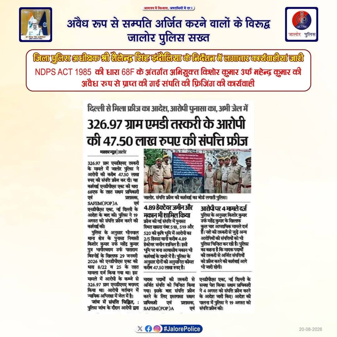 अवैध रूप से सम्पति अर्जित करने वालों के विरूद्ध जालोर पुलिस सख्त :-
श्री शैलेन्द्र सिंह इंदौलिया IPS SP जालोर के निर्देशन में NDPS Act 1985 की धारा 68F के अंतर्गत अभियुक्त किशोर कुमार उर्फ महेन्द्र कुमार की अवैध रूप से प्राप्त की गई संपति की फ्रिजिंग की कार्यवाही...
Rajasthan Police
DIPR, Department of Information & Public Relations, Rajasthan