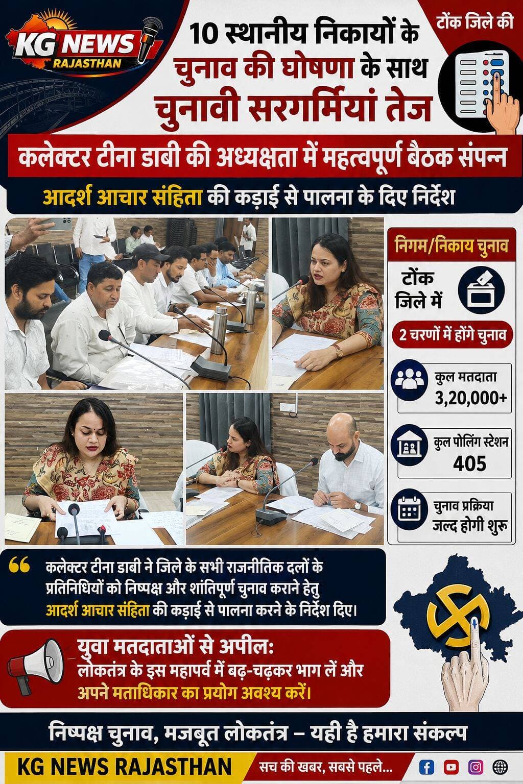 टोंक में निकाय चुनाव की सरगर्मियां तेज!
10 स्थानीय निकायों में 2 चरणों में होंगे चुनाव
3.20 लाख+ मतदाता करेंगे मतदान
405 पोलिंग स्टेशन तैयार
कलेक्टर टीना डाबी ने राजनीतिक दलों के प्रतिनिधियों को आदर्श आचार संहिता की कड़ाई से पालना के निर्देश दिए।
युवा मतदाताओं से बढ़-चढ़कर मतदान करने की अपील।
<nis:link nis:type=tag nis:id=tonk nis:value=Tonk nis:enabled=true nis:link/> <nis:link nis:type=tag nis:id=tonknews nis:value=TonkNews nis:enabled=true nis:link/> <nis:link nis:type=tag nis:id=nikaychunav nis:value=NikayChunav nis:enabled=true nis:link/> <nis:link nis:type=tag nis:id=tinadabi nis:value=TinaDabi nis:enabled=true nis:link/> <nis:link nis:type=tag nis:id=kgnewsrajasthan nis:value=KGNewsRajasthan nis:enabled=true nis:link/> <nis:link nis:type=tag nis:id=rajasthannews nis:value=RajasthanNews nis:enabled=true nis:link/> <nis:link nis:type=tag nis:id=localelection nis:value=LocalElection nis:enabled=true nis:link/> <nis:link nis:type=tag nis:id=breakingnews nis:value=BreakingNews nis:enabled=true nis:link/>
