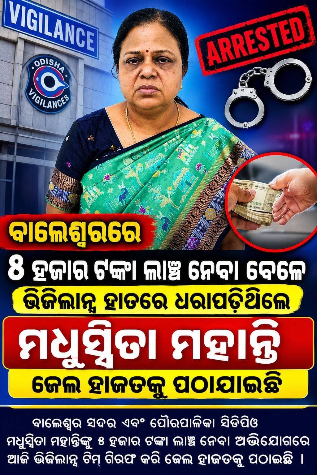 ବାଲେଶ୍ୱର ରେ ୫ ହଜାର ଟଙ୍କା ଲାଞ୍ଚ ନେବା ବେଳେ ଭିଜିଲାନ୍ସ ହାତରେ ଧରାପଡ଼ିଥିବା ସଦର ଏବଂ ପୌରପାଳିକା ସିଡିପିଓ ମଧୁସ୍ମିତା ମହାନ୍ତିଙ୍କୁ ଜେଲ ହାଜତକୁ ପଠାଯାଇଛି।