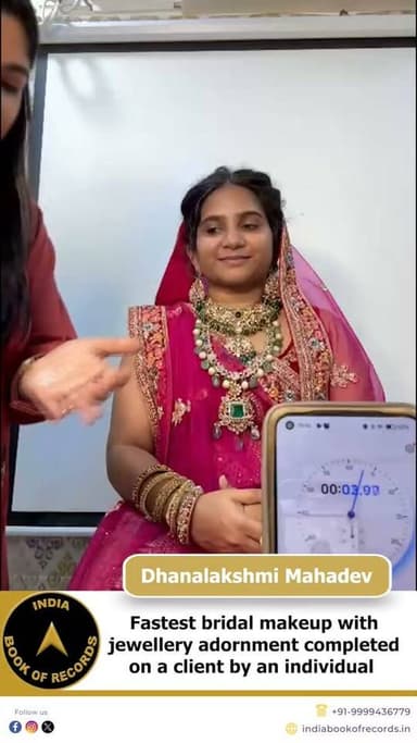 Bridal Glam in Just 4 Minutes 49 Seconds!
Dhanalakshmi Mahadev from Hyderabad, Telangana, set an impressive record by completing bridal makeup along with jewellery adornment on a female client in just 4 minutes, 49 seconds and 52 milliseconds. Her remarkable speed, precision and makeup skills earned her a place in the India Book of Records.
#indiabookofrecords #bridalmakeup #makeupartist #recordholder #ibr