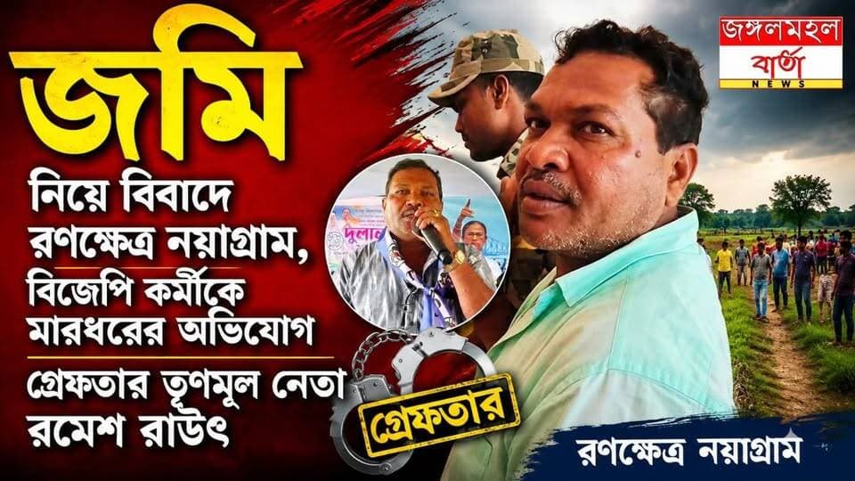 নয়াগ্রামে জমি-বিবাদে চাঞ্চল্য, বিজেপি কর্মীকে মারধরের অভিযোগে গ্রেফতার নয়াগ্রাম ব্লক তৃণমূলের প্রাক্তন ব্লক সভাপতি রমেশ রাউৎ, আদালতের নির্দেশে ১৪ দিনের জেল হেফাজত।