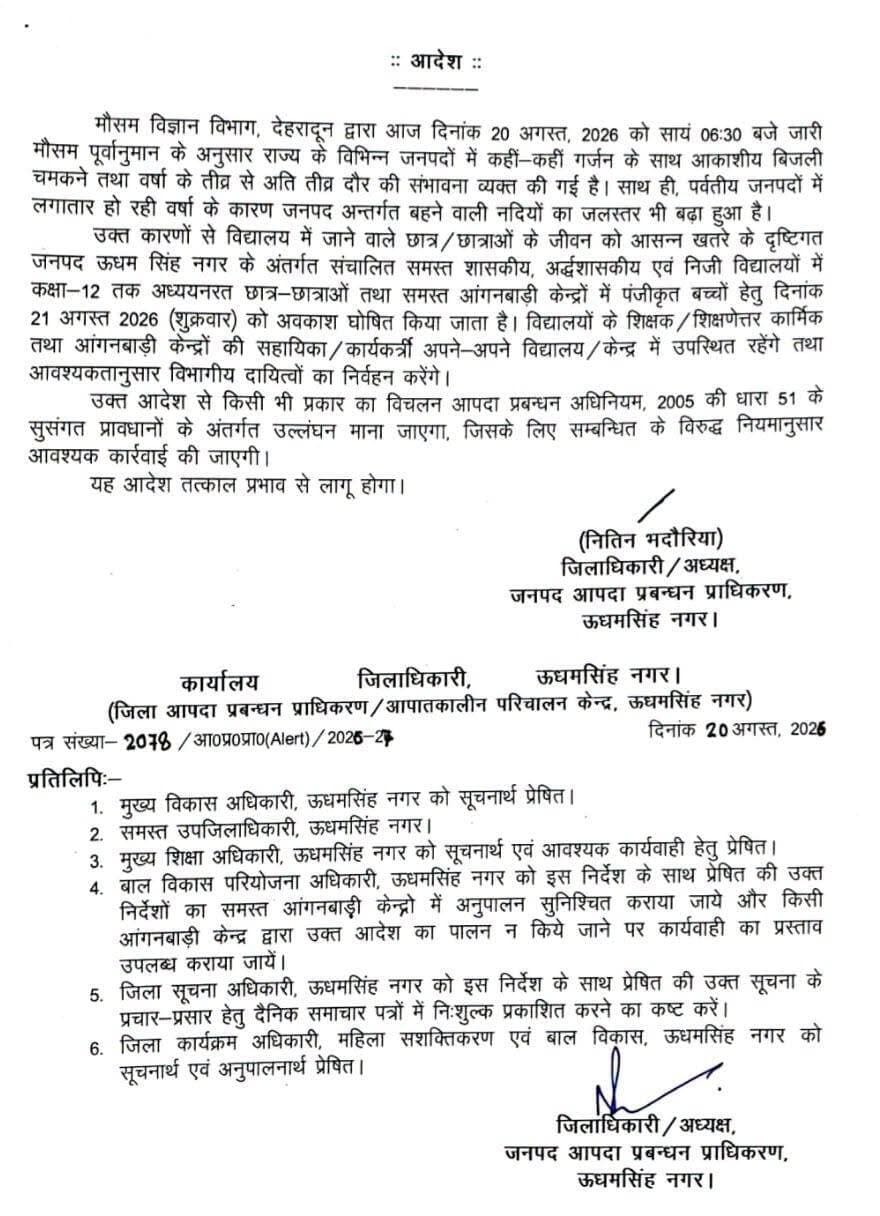 मौसम विभाग की ओर से जारी चेतावनी को देखते हुए उधमसिंह नगर में कल दिनांक 21 अगस्त का स्कूलों का अवकाश घोषित किया गया है।
