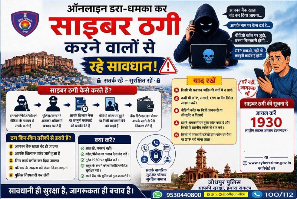 पुलिस, बैंक या अधिकारी बनकर गिरफ्तारी अथवा खाता बंद करने की धमकी देकर पैसे मांगने वालों के झांसे में न आएं।