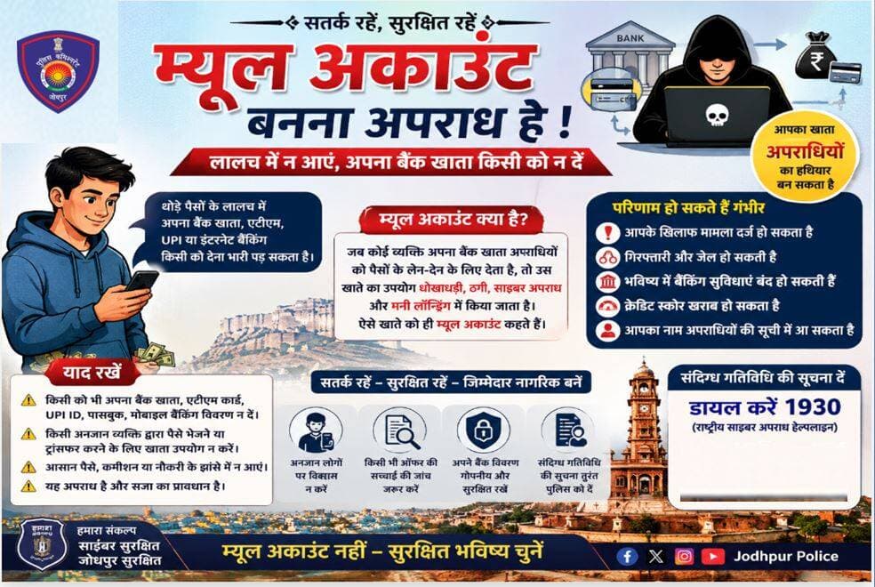 म्यूल अकाउंट से रहें सावधान
कुछ पैसों के लालच में अपना बैंक खाता, ATM, UPI या इंटरनेट बैंकिंग किसी अन्य व्यक्ति को न दें