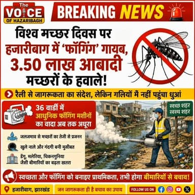 *🦟 विश्व मच्छर दिवस पर जागरूकता की गूंज, लेकिन हजारीबाग में फॉगिंग गायब!*
*🏘️ 3.50 लाख आबादी मच्छरों से परेशान, 36 वार्डों में पुरानी मशीनों के भरोसे व्यवस्था; गलियों और खुले नालों तक नहीं पहुंच रहा फॉगिंग अभियान*
*⚠️ जागरूकता के साथ जमीन पर कार्रवाई जरूरी विश्व मच्छर दिवस पर जागरूकता कार्यक्रमों के बीच शहरवासियों का कहना है कि केवल रैली और जागरूकता अभियान से समस्या का समाधान नहीं होगा। नियमित फॉगिंग, नालियों की सफाई, जलजमाव खत्म करने और कचरा उठाव की व्यवस्था को मजबूत करना जरूरी है।*
*📌 एक नजर में*
_*🦟 प्रभावित आबादी — करीब 3.50 लाख*_
_*🏘️ नगर निगम के वार्ड — 36*_
_*🚜 मौजूदा व्यवस्था — पुरानी बड़ी फॉगिंग मशीनों पर निर्भरता*_
_*⚠️ प्रमुख समस्या — जलजमाव, खुले नाले और कचरे के ढेर*_
_*🩺 बीमारी का खतरा — मलेरिया और फाइलेरिया*_
_*📢 नागरिकों की मांग — हर वार्ड में छोटी आधुनिक फॉगिंग मशीन*_