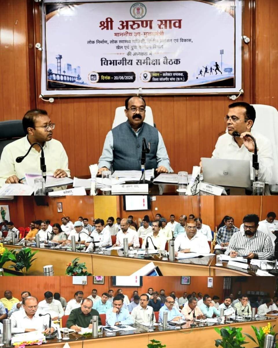 उप मुख्यमंत्री श्री अरुण साव ने ली जांजगीर-चांपा एवं सक्ती जिले की विभागीय समीक्षा बैठक
नगरीय निकायों के प्रगतिरत कार्यों में तेजी लाने के निर्देश, धीमी प्रगति पर जताई नाराजगी
*जांजगीर एवं सक्ती में नालंदा परिसर का कार्य समय-सीमा में पूर्ण कराने के निर्देश*
*बारिश से क्षतिग्रस्त सड़कों एवं गड्ढों की तत्काल मरम्मत तथा टेंडर हो चुके कार्यों को मिशन मोड में पूरा करने के निर्देश*
*जल जीवन मिशन की हैंडओवर योजनाओं का सुचारू संचालन एवं रखरखाव सुनिश्चित करने कहा*
*अधिकारियों को आमजनो की समस्याओं की संवेदनशीलता से निराकरण करने एवं समन्वय से कार्य करने के निर्देश
CMO Chhattisgarh DPR Chhattisgarh Vishnu Deo Sai