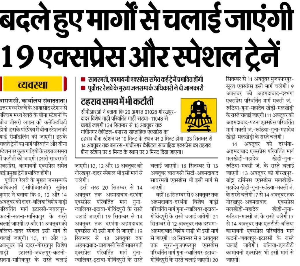 बदले हुए मार्गों से चलाई जाएंगी 19 एक्सप्रेस और स्पेशल ट्रेनें
वाराणसी। उत्तर मध्य रेलवे के आगासोद स्टेशन से पश्चिम मध्य रेलवे के बीना स्टेशनों के चीच तीसरी लाइन की कनेक्टिविटी होगी। इसके परिप्रेक्ष्य में बीना स्टेशन की व्यार्ड रीमॉडलिंग की जाएगी। इसके चलते ट्रेनों का मार्ग परिवर्तन और बीना स्टेशन पर कुछ गाड़ियों के ठहराव समय में कटौती की जाएगी। इससे साबरमती एक्सप्रेस, कामायनी एक्सप्रेस समेत कई प्रमुख ट्रेनें प्रभावित होंगी।
<nis:link nis:type=tag nis:id=letestnews nis:value=LETESTNEWS nis:enabled=true nis:link/> <nis:link nis:type=tag nis:id=letestupdate nis:value=LetestUpdate nis:enabled=true nis:link/> <nis:link nis:type=tag nis:id=varanasiupdate nis:value=VaranasiUpdate nis:enabled=true nis:link/> 👇👇