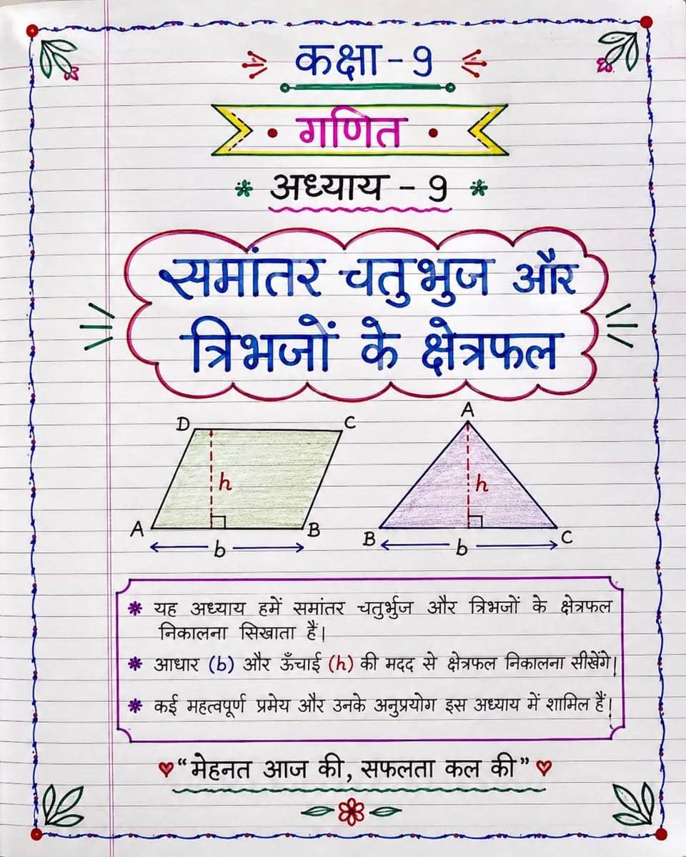 🌿 गणित की जड़ी-बूटी सीरीज़ 🌿
📚 कक्षा – 9 | गणित
📖 अध्याय – 9
✨ समांतर चतुर्भुज और त्रिभुजों के क्षेत्रफल ✨
🌿 गणित की जड़ी-बूटी सीरीज़ का उद्देश्य है कठिन गणित को छोटे, आसान और याद रहने वाले सूत्रों में बदलना। 🧠✨
📒 पोस्ट को सेव करें, अपने दोस्तों के साथ शेयर करें और ऐसी ही परीक्षा-उपयोगी गणित की जड़ी-बूटी के लिए फॉलो करना न भूलें। ❤️
🔥 आज की मेहनत = कल की सफलता!
#bkrajclasses #कक्षा9गणित #अध्याय9 #समांतरचतुर्भुज #त्रिभुज क्षेत्रफल गणित गणितनोट्स कक्षानौ एनसीईआरटी परीक्षातैयारी मैथ्स गणितसूत्र बीकेराजक्लासेस