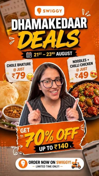 Dehradun, your food cravings just got a LOT more affordable! ЁЯСАЁЯНЬ
Swiggy Dhamakedaar Deals are LIVE from 21stтАУ23rd August ЁЯФе
Get 70% OFF up to тВ╣140 on orders from your favourite restaurants ЁЯзб
And the deals? CRAZY! ЁЯШотАНЁЯТи
ЁЯНЫ Chole Bhature at just тВ╣79
ЁЯНЬ Noodles with Chilli Chicken at тВ╣49
Open Swiggy & grab your favourites before these deals are gone! ЁЯЫ╡тЬи
#Swiggy #SwiggyDhamakedaarDeals #Dehradun #DehradunFoodie #ChasingFlavours