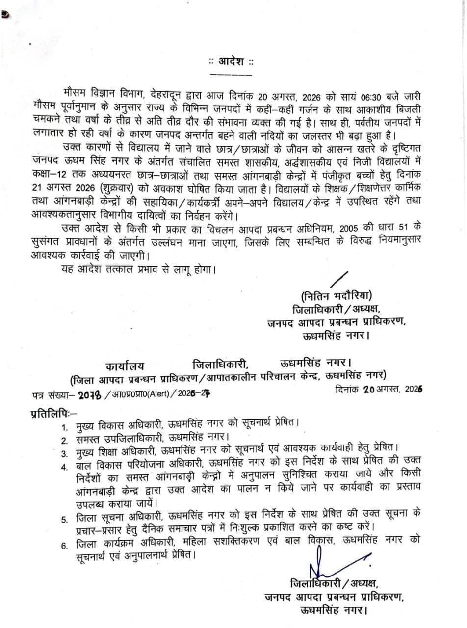 उधम सिंह नगर जिले में कल स्कूलों का रहेगा अवकाश