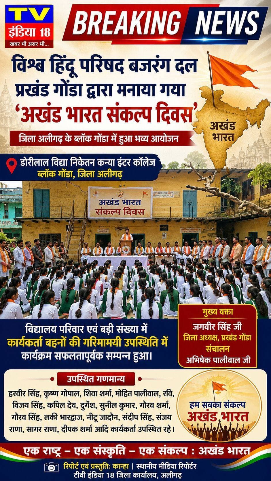 BREAKING NEWS
विश्व हिंदू परिषद बजरंग दल प्रखंड गोंडा द्वारा मनाया गया 'अखंड भारत संकल्प दिवस'
जिला अलीगढ़ के ब्लॉक गोंडा में डोरीलाल विद्या निकेतन कन्या इंटर कॉलेज में विश्व हिंदू परिषद (विहिप) एवं बजरंग दल प्रखंड गोंडा के तत्वावधान में 'अखंड भारत संकल्प दिवस' का आयोजन किया गया।
कार्यक्रम की अध्यक्षता प्रखंड अध्यक्ष श्री जगवीर सिंह जी ने की, जबकि संचालन जिला सह मंत्री अभिषेक पालीवाल जी द्वारा किया गया।
प्रमुख वक्ता और विचार
कार्यक्रम में मुख्य वक्ता के रूप में पधारे जिला मंत्री चंद्रशेखर तोमर जी, जिला उपाध्यक्ष ऋषि कुमार जी, जिला कोषाध्यक्ष ज्ञानप्रकाश जी और धर्म प्रसार प्रमुख संतोष गौतम जी ने अखंड भारत के इतिहास और उसके संकल्प पर अपने-अपने विचार व्यक्त किए। वक्ताओं ने युवाओं को देश की संस्कृति और अखंडता के प्रति जागरूक रहने का संदेश दिया।
प्रमुख उपस्थिति
इस अवसर पर विद्यालय परिवार के साथ-साथ क्षेत्र के कई गणमान्य लोग उपस्थित रहे, जिनमें प्रमुख रूप से:
जिला सह संयोजक: तरुण अटल
विद्यालय से: अध्यापिका श्रीमती सुनीता गुप्ता, मास्टर रमेश चंद जी, मास्टर राकेश कुमार जी, एवं मास्टर कैलाश चंद जी
विहिप/बजरंग दल कार्यकर्ता: प्रखंड सुरक्षा प्रमुख दीपक गौतम, भूपेंद्र वार्ष्णेय, नीरज चौधरी, लक्ष्मण गुप्ता, विनोद वार्ष्णेय, यश वार्ष्णेय, टिंकल उपाध्याय, और पवन चौधरी आदि प्रमुख रूप से शामिल रहे।
Yash Varshney Neeraj Kumar Tarun Varshney