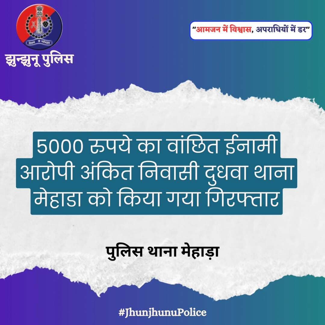 5000 रुपये का वांछित ईनामी आरोपी अंकित गिरफ्तार <nis:link nis:type=tag nis:id=jhunjhunupolice nis:value=JhunjhunuPolice nis:enabled=true nis:link/>