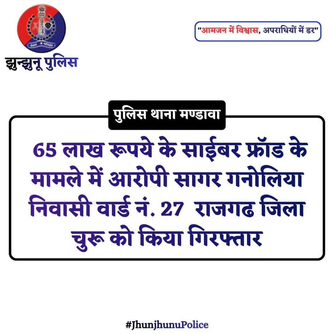 65 लाख रूपये के साईबर फ्रॉड के मामले में आरोपी सागर गनोलिया गिरफ्तार <nis:link nis:type=tag nis:id=jhunjhunupolice nis:value=JhunjhunuPolice nis:enabled=true nis:link/>