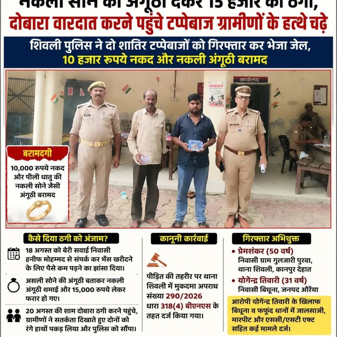 नकली सोने की अंगूठी देकर 15 हजार की ठगी, दोबारा वारदात करने पहुंचे टप्पेबाज ग्रामीणों के हत्थे चढ़े
शिवली पुलिस ने दो शातिर टप्पेबाजों को गिरफ्तार कर भेजा जेल, 10 हजार रुपये नकद और नकली अंगूठी बरामद
कानपुर देहात। अपराध और धोखाधड़ी के खिलाफ चलाए जा रहे विशेष अभियान के तहत शिवली पुलिस ने नकली सोने की अंगूठी देकर लोगों को ठगने वाले दो शातिर टप्पेबाजों को गिरफ्तार किया है। आरोपियों ने भैंस खरीदने के लिए रुपये कम पड़ने का झांसा देकर एक ग्रामीण से 15 हजार रुपये ठग लिए थे। खास बात यह रही कि पहली वारदात के महज दो दिन बाद आरोपी दोबारा उसी व्यक्ति को ठगने पहुंच गए, लेकिन इस बार उनकी चाल काम नहीं आई और ग्रामीणों ने दोनों को पकड़कर पुलिस के हवाले कर दिया।
जानकारी के अनुसार, बैरी सवाई निवासी हनीफ मोहम्मद से 18 अगस्त को दो व्यक्तियों ने संपर्क किया। आरोपियों ने भैंस खरीदने के लिए रुपये कम पड़ने की बात कहते हुए अपनी मजबूरी बताई। इसके बाद उन्होंने असली सोने की अंगूठी बताकर पीड़ित को नकली अंगूठी थमा दी और बदले में 15 हजार रुपये लेकर फरार हो गए।
आरोपियों को लगा कि पहली बार की ठगी आसानी से सफल हो गई है, इसलिए वे 20 अगस्त की शाम दोबारा उसी व्यक्ति को अपना शिकार बनाने पहुंच गए। हालांकि इस बार पीड़ित सतर्क था। ग्रामीणों की मदद से दोनों आरोपियों को मौके पर ही पकड़ लिया गया और शिवली पुलिस को सूचना देकर उनके सुपुर्द कर दिया गया।
पीड़ित की तहरीर पर थाना शिवली में मुकदमा अपराध संख्या 290/2026, धारा 318(4) बीएनएस के तहत मामला दर्ज किया गया। पुलिस ने आरोपियों की तलाशी ली तो उनके कब्जे से 10 हजार रुपये नकद और पीली धातु से बनी नकली सोने जैसी अंगूठी बरामद हुई।
गिरफ्तार आरोपियों की पहचान प्रेमशंकर (50) निवासी ग्राम गुलजारी पुरवा, थाना शिवली, कानपुर देहात और योगेन्द्र तिवारी (31) निवासी बिधूना, जनपद औरैया के रूप में हुई है। पुलिस के मुताबिक योगेन्द्र तिवारी के खिलाफ औरैया जनपद के बिधूना और फफूंद थानों में जालसाजी, मारपीट और एससी-एसटी एक्ट समेत कई मामले पहले से दर्ज हैं।
इस कार्रवाई में प्रभारी निरीक्षक अमरेन्द्र बहादुर सिंह, उपनिरीक्षक योगेन्द्र कुमार शर्मा और आरक्षी धीरेन्द्र सिंह की भूमिका रही। पुलिस द्वारा आरोपियों से पूछताछ कर गिरोह से जुड़े अन्य लोगों और पूर्व में की गई ठगी की घटनाओं के संबंध में भी जानकारी जुटाई जा रही है।