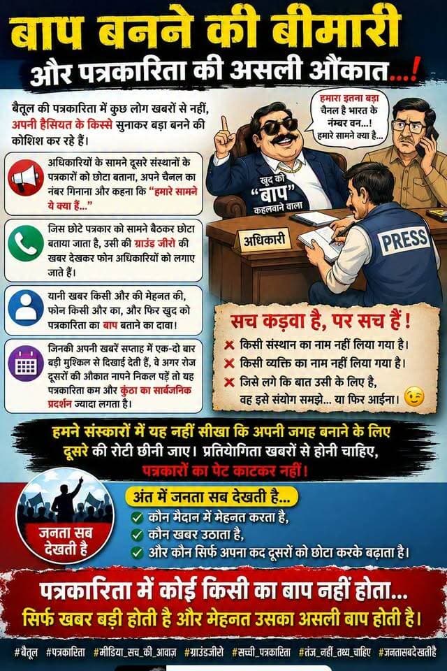 बाप बनने की बीमारी और पत्रकारिता की असली औकात…!
बैतूल की पत्रकारिता में इन दिनों एक नया चलन देखने को मिल रहा है—कुछ लोग खबरों से नहीं, अपनी हैसियत के किस्से सुनाकर बड़ा बनने की कोशिश कर रहे हैं।
अधिकारियों के सामने दूसरे संस्थानों के पत्रकारों को छोटा बताना, अपने चैनल का नंबर गिनाना और कहना कि “हमारे सामने ये क्या हैं…” — भाई साहब, चैनल का आकार बड़ा होने से पत्रकार की सोच बड़ी नहीं हो जाती।
मजेदार बात तो यह है कि जिस छोटे पत्रकार को सामने बैठकर छोटा बताया जाता है, उसी की ग्राउंड जीरो से निकली खबर देखकर फोन अधिकारियों को लगाए जाते हैं।
यानी खबर किसी और की मेहनत की, फोन किसी और का, और फिर खुद को पत्रकारिता का बाप बताने का दावा! 😏
सच तो यह है कि पत्रकारिता में बाप वह नहीं होता जो दूसरों को बाप कहलवाने के लिए मजबूर करे।
बाप वह होता है जिसकी खबर देखकर अधिकारी कार्रवाई करें, जिसकी मेहनत से जनता की आवाज ऊपर तक पहुंचे और जिसके पास दिखाने के लिए काम हो, केवल नाम नहीं।
जिनकी अपनी खबरें सप्ताह में एक-दो बार बड़ी मुश्किल से दिखाई देती हैं, वे अगर रोज दूसरों की औकात नापने निकल पड़ें तो यह पत्रकारिता कम और कुंठा का सार्वजनिक प्रदर्शन ज्यादा लगता है।
और हां…
किसी संस्थान का नाम नहीं लिया गया है।
किसी व्यक्ति का नाम नहीं लिया गया है।
जिसे लगे कि बात उसी के लिए है, वह इसे संयोग समझे… या फिर आईना। 😉
हमने संस्कारों में यह नहीं सीखा कि अपनी जगह बनाने के लिए दूसरे की रोटी छीनी जाए।
प्रतिस्पर्धा खबरों से होनी चाहिए, पत्रकारों का पेट काटकर नहीं।
क्योंकि अंत में जनता सब देखती है—
कौन मैदान में मेहनत करता है,
कौन खबर उठाता है,
और कौन सिर्फ अपना कद दूसरों को छोटा करके बढ़ाता है।
पत्रकारिता में कोई किसी का बाप नहीं होता…
सिर्फ खबर बड़ी होती है और मेहनत उसका असली बाप होती है। 🔥
#बैतूल #बैतूलपत्रकारिता #पत्रकारिता #मीडिया #ग्राउंडजीरो #खबर #सच्चीपत्रकारिता #पत्रकार #मीडियावॉच #कलमकीताकत #आईना #तंज #बातसीधीहै #जनतासबदेखतीहै #Betulpolice #betuljansampark #Betulcollector