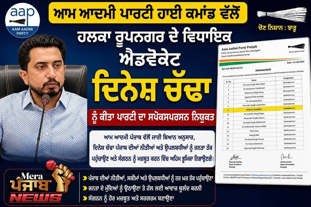 ਵਿਧਾਇਕ ਚੱਢਾ ਆਮ ਆਦਮੀ ਪਾਰਟੀ ਪੰਜਾਬ ਦੇ ਸਪੋਕਸਪਰਸਨ ਨਿਯੁਕਤ
<nis:link nis:type=tag nis:id=cmbhagwantmaan nis:value=cmbhagwantmaan nis:enabled=true nis:link/> <nis:link nis:type=tag nis:id=nurpurbedi nis:value=NurpurBedi nis:enabled=true nis:link/> <nis:link nis:type=tag nis:id=merapunjabnews nis:value=merapunjabnews nis:enabled=true nis:link/> <nis:link nis:type=tag nis:id=dineshchadha nis:value=dineshchadha nis:enabled=true nis:link/>