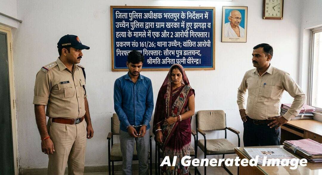 <nis:link nis:type=tag nis:id=दो_और_आरोपी_गिरफ्तार.. nis:value=दो_और_आरोपी_गिरफ्तार.. nis:enabled=true nis:link/>
भरतपुर। जिला पुलिस अधीक्षक राजेश कुमार मीना के निर्देशन में उच्चैन थाना पुलिस ने ग्राम चक खरका में हुए चर्चित झगड़े और हत्या के मामले में 2 और आरोपियों को गिरफ्तार किया है। थानाधिकारी राजवीर सिंह व उनकी गठित टीम ने कार्रवाई करते हुए मामले में वांछित चल रहे आरोपी सौरभ पुत्र डालचन्द, उम्र 23 वर्ष, निवासी अलीगढ़, यूपी और उसकी बहन श्रीमती अनिता पत्नी वीरेंद्र, उम्र 30 वर्ष, निवासी चक खरका को गिरफ्तार कर लिया है। यह सनसनीखेज मामला 4 जुलाई 2026 का है, जब चक खरका स्थित मंदिर वाले खेत में काली मां की मूर्ति स्थापना का निर्माण कार्य चल रहा था। आरोप है कि गांव के सुभाष, लोकेंद्र, रविंद्र और वीरेंद्र ने मथुरा और यूपी से अपने रिश्तेदारों को बुलाकर जानलेवा हमले की साजिश रची। आरोपियों ने लाठी, डंडे और लोहे की रॉड से लैस होकर पीड़ित पक्ष को घेर लिया और अंधाधुंध मारपीट शुरू कर दी। इसी दौरान आरोपी सौरभ ने जान से मारने की नीयत से अपनी स्कॉर्पियो गाड़ी (RJ05-UB-2140) को मैना, पिस्ता और सतपाल के ऊपर चढ़ा दिया, जिससे सतपाल की रीढ़ की हड्डी व पसलियां टूट गईं। गंभीर रूप से घायलों को तुरंत अस्पताल ले जाया गया, जहां रमेश पुत्र मदनपाल को डॉक्टरों ने मृत घोषित कर दिया। घटना के संबंध में उच्चैन थाने में धारा 103(1), 191(2), 191(3) समेत बीएनएस की विभिन्न संगीन धाराओं में मामला दर्ज कर अनुसंधान शुरू किया गया था। इस दोहरी गिरफ्तारी के साथ ही चक खरका हत्या कांड में पुलिस अब तक कुल 7 आरोपियों को सलाखों के पीछे पहुंचा चुकी है।