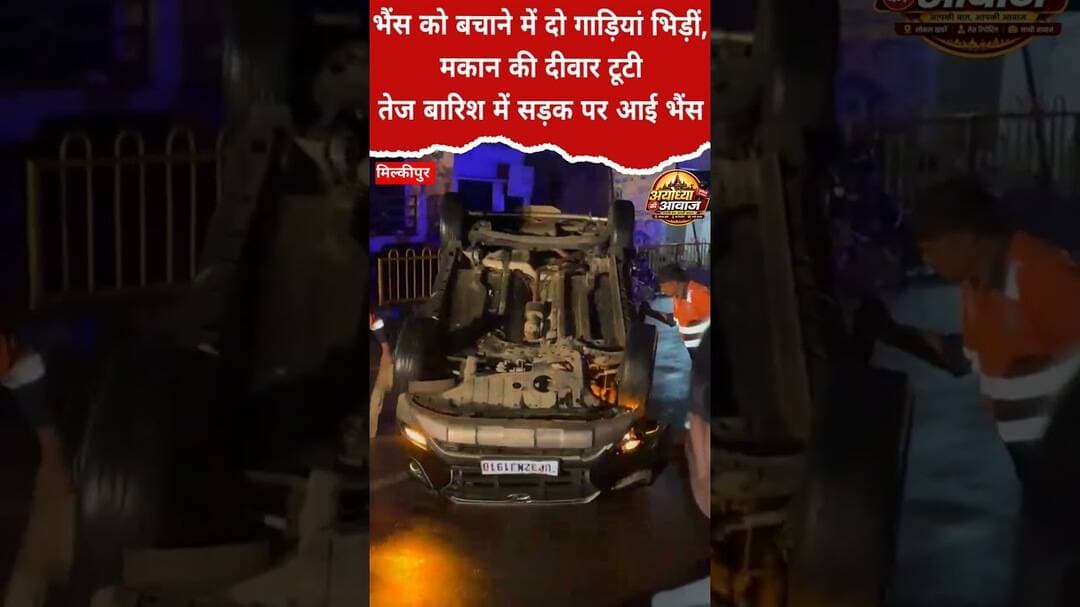 तेज बारिश में सड़क पर आई भैंस से टकराई क्रेटा, पलटने के बाद दूसरी कार भी दुर्घटनाग्रस्त #ayodhyanews