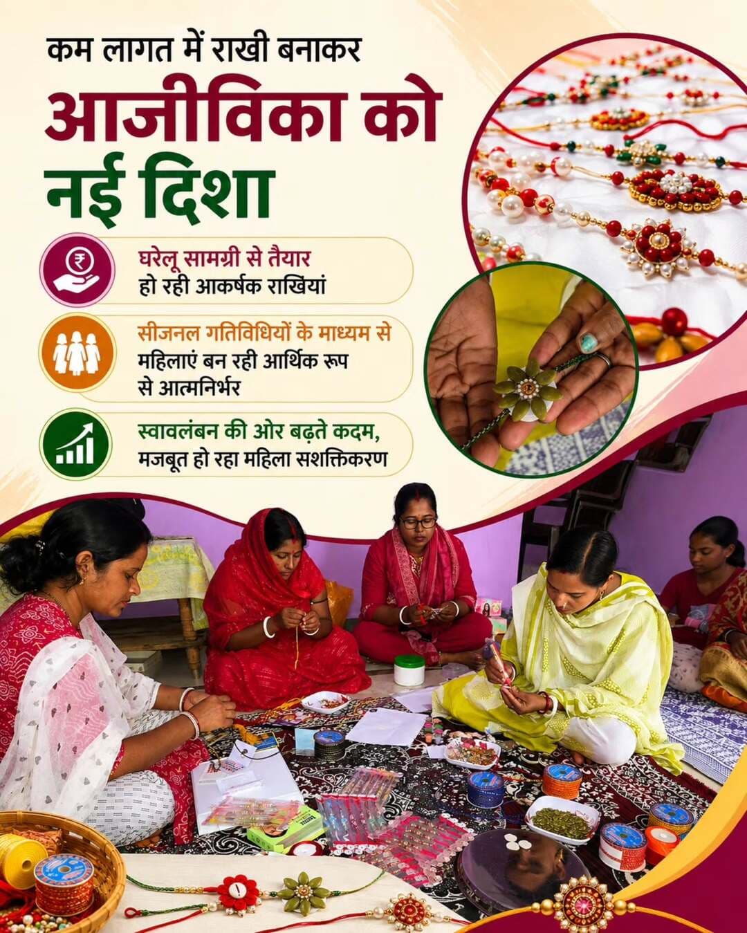 कम लागत में राखी बनाकर आजीविका को नई दिशा दे रहीं स्वयं सहायता समूह की महिलाएं,घरेलू सामग्री से तैयार हो रही आकर्षक राखियां, सीजनल गतिविधियों के माध्यम से महिलाएं बन रही आर्थिक रूप से आत्मनिर्भर
<nis:link nis:type=tag nis:id=bihan nis:value=Bihan nis:enabled=true nis:link/> <nis:link nis:type=tag nis:id=mahilasashaktikaran nis:value=MahilaSashaktikaran nis:enabled=true nis:link/> <nis:link nis:type=tag nis:id=ajivika nis:value=AJIVIKA nis:enabled=true nis:link/> <nis:link nis:type=tag nis:id=surguja nis:value=Surguja nis:enabled=true nis:link/>
@chhattisgarhcmo @dpr.chhattisgarh @bihan_cg_srlm @prdcggov