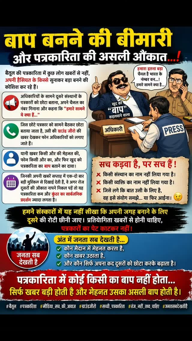 पत्रकारिता में कोई किसी का बाप नहीं होता…
सिर्फ खबर बड़ी होती है और मेहनत उसका असली बाप होती है। 🔥
#बैतूल #बैतूलपत्रकारिता #पत्रकारिता #मीडिया #ग्राउंडजीरो खबर सच्चीपत्रकारिता पत्रकार मीडियावॉच कलमकीताकत आईना तंज बातसीधीहै जनतासबदेखतीहै Betulpolice