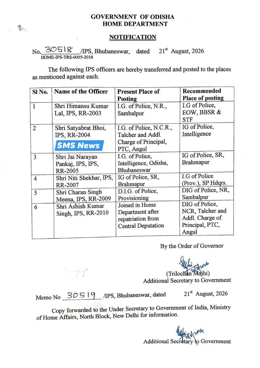 SMS News Bureau Bhubaneswar
ବରିଷ୍ଠ ଆଇପିଏସ ସ୍ତରରେ ଅଦଳ ବଦଳ।