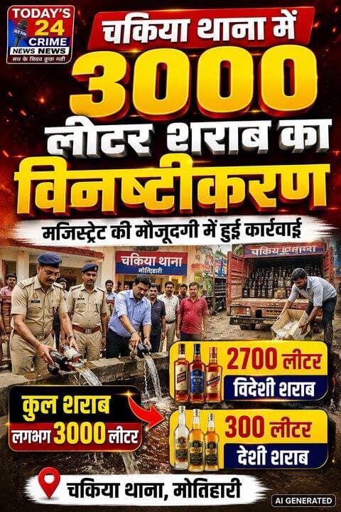 चकिया थाना में 3000 लीटर शराब का विनष्टीकरण, मजिस्ट्रेट की मौजूदगी में हुई कार्रवाई
मोतिहारी जिले के चकिया थाना परिसर में विभिन्न कांडों में जब्त की गई भारी मात्रा में शराब का प्रशासनिक प्रक्रिया के तहत विनष्टीकरण किया गया। इस दौरान करीब 2700 लीटर विदेशी शराब और 300 लीटर देशी शराब, यानी कुल लगभग 3000 लीटर शराब नष्ट की गई।।।।।।।।।।।।
#motiharinews #amiteshkumar #motiharinewsupdate #Todays_24_Crime_News #motiharpolice