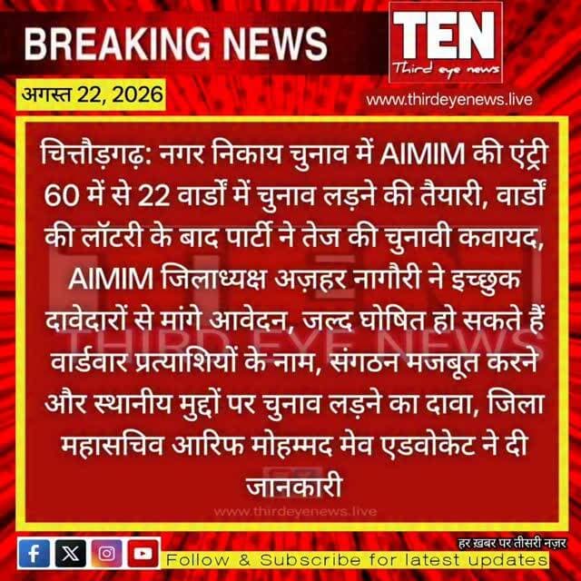 Chittorgarh: नगर निकाय चुनाव में AIMIM की एंट्री
#chittorgarhnews #latestnews #NewsUpdates