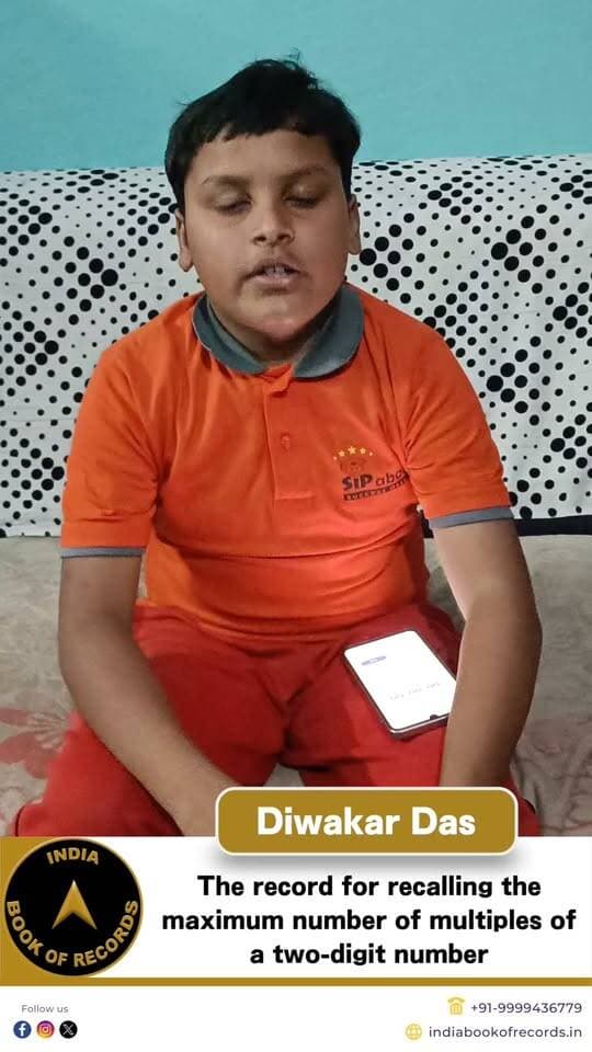 120 Multiples of 24 Recalled in Just 1 Minute 33 Seconds!
Diwakar Das from Purnea, Bihar, showcased remarkable memory and calculation skills by recalling 120 multiples of the number 24 in just 1 minute and 33 seconds. At only 11 years of age, his impressive achievement earned recognition from the India Book of Records.
#indiabookofrecords #diwakardas #memoryskills #mathskills #youngachiever #recordholder #ib