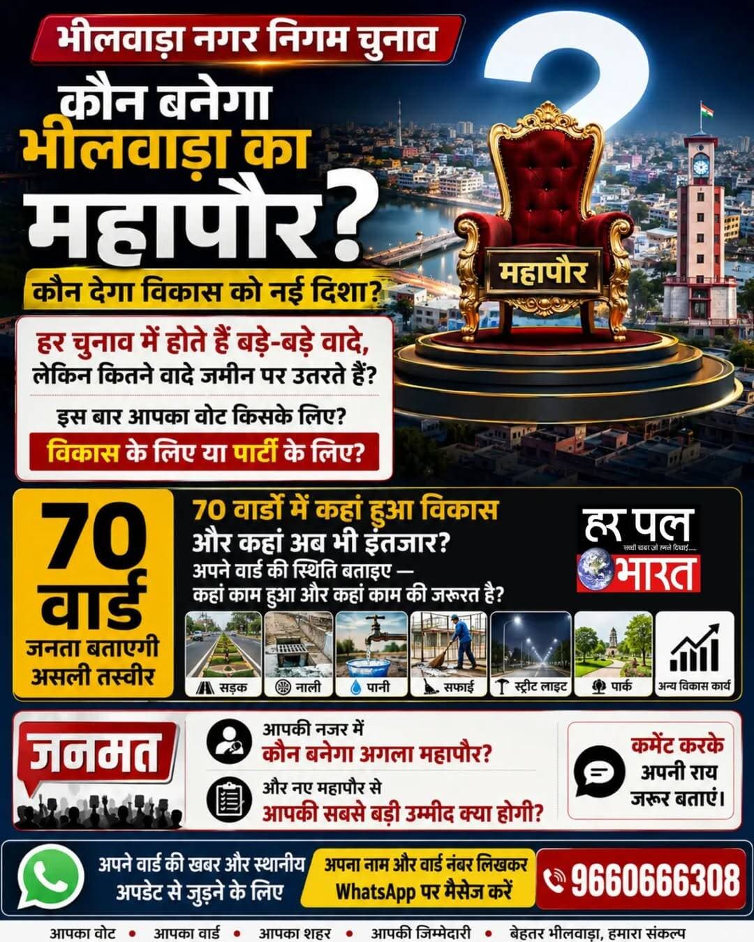 भीलवाड़ा नगर निगम चुनाव में बड़ा सवाल—कौन बनेगा भीलवाड़ा का महापौर? 🏛️
हर चुनाव में वादे होते हैं, लेकिन इस बार सवाल है—70 वार्डों में कहां हुआ विकास और कहां अब भी इंतजार? सड़क, नाली, पानी, सफाई, स्ट्रीट लाइट, पार्क और अन्य विकास कार्यों को लेकर अपनी राय जरूर बताएं।
🗳️ आपकी नजर में कौन बनेगा अगला महापौर?
💬 नए महापौर से आपकी सबसे बड़ी उम्मीद क्या होगी?
कमेंट करके अपनी राय जरूर बताएं।
अपने वार्ड की खबर और स्थानीय अपडेट से जुड़ने के लिए अपना नाम और वार्ड नंबर लिखकर WhatsApp करें: 9660666308
<nis:link nis:type=tag nis:id=भीलवाड़ा nis:value=भीलवाड़ा nis:enabled=true nis:link/> <nis:link nis:type=tag nis:id=bhilwara nis:value=Bhilwara nis:enabled=true nis:link/> <nis:link nis:type=tag nis:id=नगरनिगमचुनाव nis:value=नगरनिगमचुनाव nis:enabled=true nis:link/> <nis:link nis:type=tag nis:id=महापौर nis:value=महापौर nis:enabled=true nis:link/> <nis:link nis:type=tag nis:id=जनमत nis:value=जनमत nis:enabled=true nis:link/> 70वार्ड विकास BhilwaraNews RajasthanNews हरपलभारत