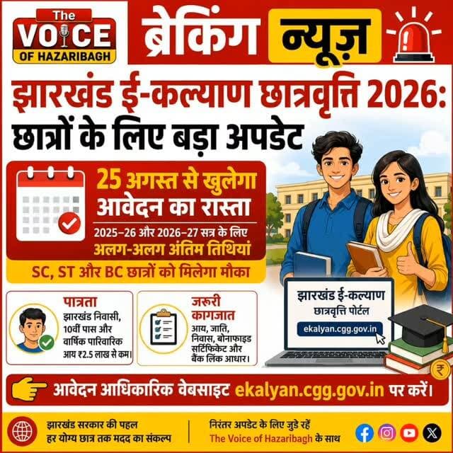 *🎓 ई-कल्याण छात्रवृत्ति का इंतजार खत्म, 25 अगस्त से शुरू होगा आवेदन*
*📢 SC, ST और BC छात्रों के लिए बड़ा मौका; सत्र 2025–26 के आवेदन 25 सितंबर तक, 2026–27 के लिए 20 नवंबर तक मिलेगा समय*
*🔎 एक नजर में*
_*25 अगस्त → आवेदन शुरू*_
_*25 सितंबर → 2025–26 आवेदन की अंतिम तिथि*_
_*20 नवंबर → 2026–27 छात्रों के आवेदन की अंतिम तिथि*_
_*SC + ST + BC → छात्रवृत्ति का लाभ*_
*📍 रांची |* झारखंड सरकार के आदिवासी कल्याण आयुक्त कार्यालय ने प्रवेशिकोत्तर (Post-Matric) छात्रवृत्ति योजना के तहत सत्र 2025–26 और 2026–27 के लिए ऑनलाइन आवेदन की तारीख जारी कर दी है। यह छात्रवृत्ति अनुसूचित जनजाति (ST), अनुसूचित जाति (SC) और पिछड़ा वर्ग (BC) के छात्रों के लिए है।
_*🗓️ आवेदन की महत्वपूर्ण तारीखें*_
*🔹 सत्र 2025–26*
📌 आवेदन शुरू — 25 अगस्त 2026
📌 आवेदन की अंतिम तिथि — 25 सितंबर 2026
*🔹 सत्र 2026–27*
📌 आवेदन शुरू — 25 अगस्त 2026
📌 छात्रों के आवेदन की अंतिम तिथि — 20 नवंबर 2026
*⚠️ खास बात:* सत्र 2026–27 के लिए शैक्षणिक संस्थानों के ई-कल्याण पोर्टल पर पंजीकरण की अंतिम तिथि 25 सितंबर 2