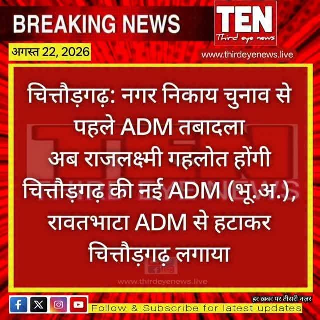 Chittorgarh: राजलक्ष्मी गहलोत होंगी चित्तौड़गढ़ की नई ADM (भू.अ.)
#chittorgarhnews #latestnews #newsupdate