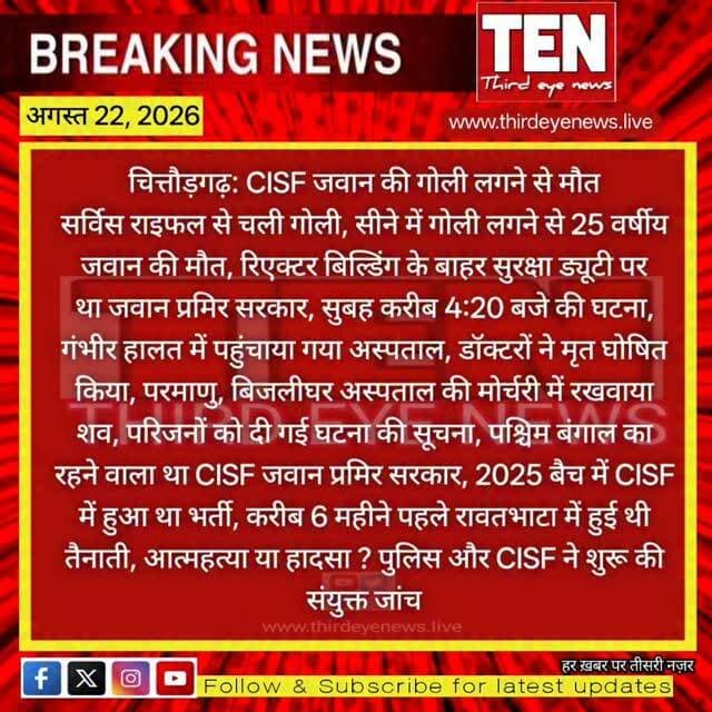 Chittorgarh: CISF जवान की सर्विस राइफल से चली गोली, सीने में गोली लगने से 25 वर्षीय जवान की मौत
#chittorgarhnews #latestnews #NewsUpdates