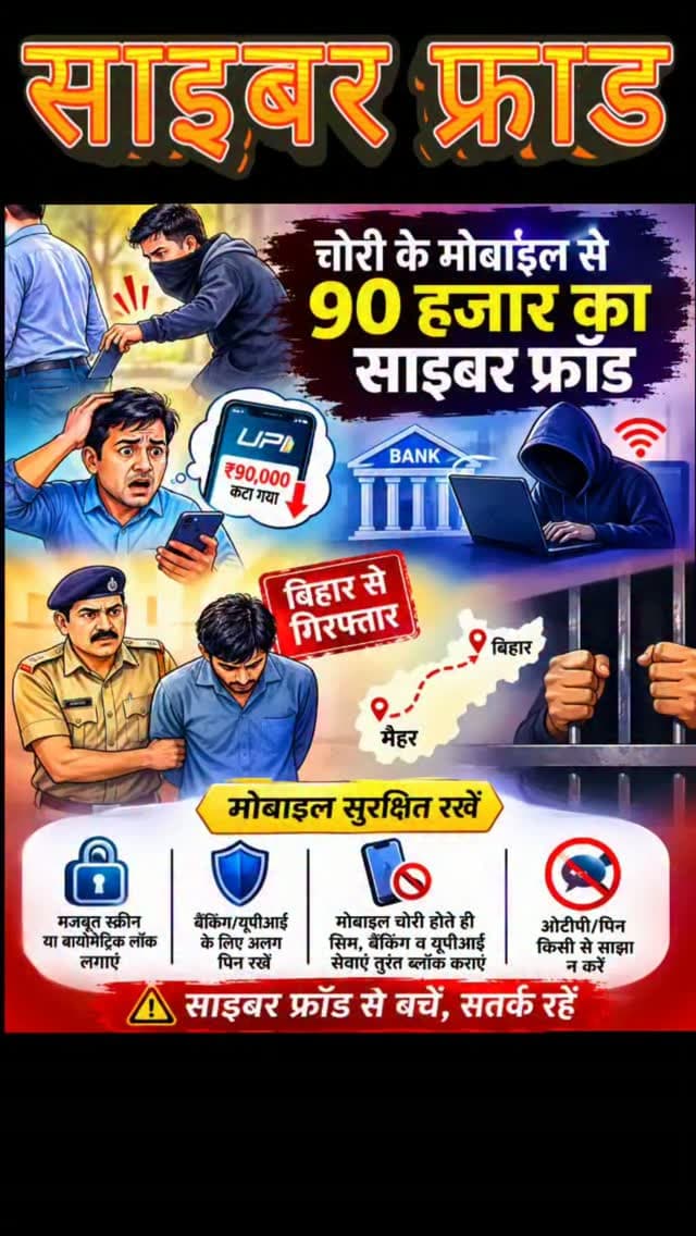 चोरी के मोबाइल से 90 हजार का साइबर फ्रॉड, बिहार से आरोपी गिरफ्तार
मैहर। फरवरी में सब्जी मंडी से पवन कुमार चतुर्वेदी का मोबाइल चोरी हुआ था। चोर ने फोन में संचालित ऑनलाइन पेमेंट ऐप के जरिए उनके खाते से करीब 90 हजार रुपए निकाल लिए। शिकायत पर मैहर कोतवाली ने केस दर्ज कर साइबर सेल की मदद से जांच शुरू की।
जांच के दौरान बिहार के गया जीआरपी ने चोरी के संदेह में पकड़े गए रमजान उर्फ रहीम शेख (पश्चिम बंगाल) के पास मैहर से चोरी किया गया मोबाइल बरामद होने की सूचना दी। पूछताछ में ऑनलाइन फ्रॉड की बात सामने आने पर जांच अधिकारी अरविंद द्विवेदी को गया भेजा गया। पुलिस ने प्रोडक्शन वारंट पर आरोपी को गिरफ्तार कर 20 अगस्त को मैहर लाया। पूछताछ के बाद उसे कोर्ट में पेश कर उपजेल भेज दिया गया। आरोपी के अन्य राज्यों में मोबाइल चोरी करने की बात की भी जांच चल रही है।
स्मार्टफोन सुरक्षा: मजबूत स्क्रीन/बायोमेट्रिक लॉक और ऐप लॉक रखें। बैंकिंग-यूपीआई के लिए अलग पिन इस्तेमाल