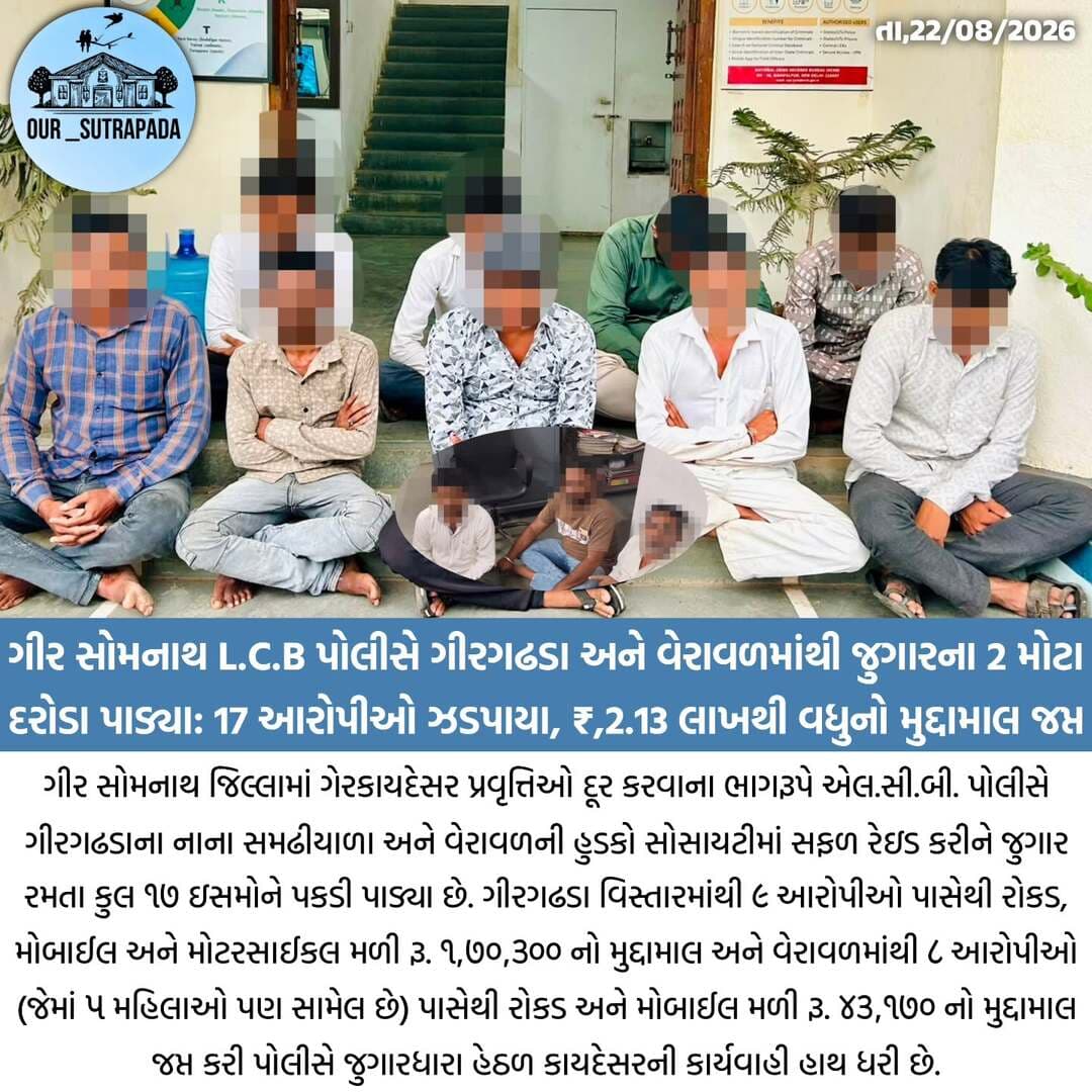 ગીર સોમનાથ એલ.સી.બી. પોલીસે ગીરગઢડા અને વેરાવળમાંથી જુગારના ૨ મોટા દરોડા પાડ્યા: ૧૭ આરોપીઓ ઝડપાયા, રૂ. ૨.૧૩ લાખથી વધુનો મુદ્દામાલ જપ્ત
#our_sutrapada #girsomnath #liveupdate #lcb #girsomnathpolice