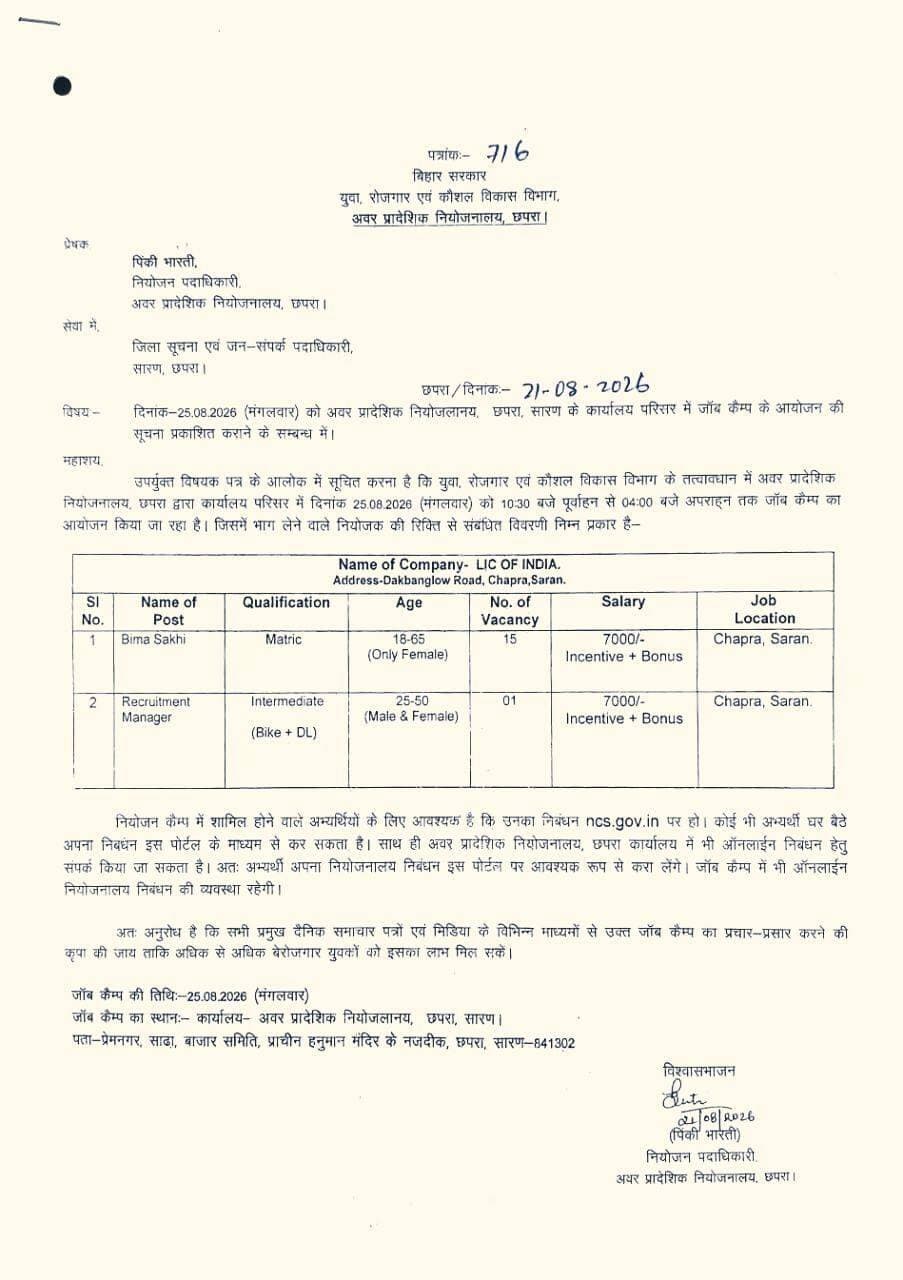 छपरा में 25 अगस्त को जॉब कैंप, 16 पदों पर होगी नियुक्ति..
सारण के बेरोजगार युवक-युवतियों के लिए रोजगार का अच्छा अवसर है। अवर प्रादेशिक नियोजनालय, छपरा के कार्यालय परिसर में 25 अगस्त 2026 को सुबह 10:30 बजे से शाम 4 बजे तक जॉब कैंप आयोजित किया जाएगा।
इस जॉब कैंप में LIC of India, Chapra द्वारा कुल 16 पदों पर नियुक्ति की जाएगी, जिसमें:
👉 बीमा सखी – 15 पद
👉 Recruitment Manager – 1 पद
योग्यता 10वीं, 12वीं एवं स्नातक रखी गई है। आयु सीमा 18 से 60 वर्ष है। चयनित अभ्यर्थियों को ₹7,000 प्रतिमाह वेतन के साथ Incentive एवं Bonus का प्रावधान है। कार्यस्थल छपरा (सारण) रहेगा।
अभ्यर्थियों का NCS पोर्टल पर पंजीकरण अनिवार्य है। जॉब कैंप के दिन ऑन-स्पॉट पंजीकरण की सुविधा भी उपलब्ध रहेगी। जॉब कैंप पूरी तरह निःशुल्क है। पंजीकरण या भाग लेने के लिए किसी प्रकार का शुल्क नहीं देना है।
स्थान: अवर प्रादेशिक नियोजनालय, छपरा
तारीख: 25 अगस्त 2026
समय: सुबह 10:30 बजे से शाम 4 बजे तक
अपील: पूरी खबर पढ़ें और यह जानकारी जरूरतमंद युवाओं तक जरूर पहुंचाएं।
<nis:link nis:type=tag nis:id=chhapra nis:value=Chhapra nis:enabled=true nis:link/> <nis:link nis:type=tag nis:id=saran nis:value=Saran nis:enabled=true nis:link/> <nis:link nis:type=tag nis:id=jobcamp nis:value=JobCamp nis:enabled=true nis:link/> <nis:link nis:type=tag nis:id=jobvacancy nis:value=JobVacancy nis:enabled=true nis:link/> <nis:link nis:type=tag nis:id=lic nis:value=LIC nis:enabled=true nis:link/> <nis:link nis:type=tag nis:id=employment nis:value=Employment nis:enabled=true nis:link/> <nis:link nis:type=tag nis:id=biharjobs nis:value=BiharJobs nis:enabled=true nis:link/> <nis:link nis:type=tag nis:id=jobnews nis:value=JobNews nis:enabled=true nis:link/> <nis:link nis:type=tag nis:id=kaawkaawnews nis:value=KaawKaawNews nis:enabled=true nis:link/>