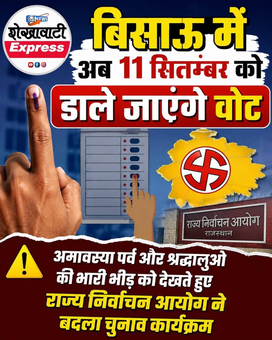 <nis:link nis:type=tag nis:id=बिसाऊ nis:value=बिसाऊ nis:enabled=true nis:link/> में अब 11 सितम्बर को डाले जाएंगे वोट
अमावस्या पर्व और श्रद्धालुओं की भारी भीड़ को देखते हुए राज्य निर्वाचन आयोग ने बदला चुनाव कार्यक्रम
बिसाऊ। राज्य निर्वाचन आयोग, राजस्थान ने झुंझुनूं जिले के नगरीय निकाय चुनाव कार्यक्रम में आंशिक बदलाव किया है। संशोधित कार्यक्रम के अनुसार अब बिसाऊ नगरपालिका सहित जिले के 10 नगरीय निकायों में द्वितीय चरण के तहत 11 सितम्बर को मतदान कराया जाएगा।
राज्य निर्वाचन आयोग के मुख्य निर्वाचन अधिकारी एवं सचिव राजेश वर्मा द्वारा जारी आदेश में बताया गया है कि आगामी 10 एवं 11 सितम्बर को अमावस्या पर्व के अवसर पर देशभर से बड़ी संख्या में श्रद्धालुओं के मंदिरों में पहुंचने की संभावना है। इस दौरान पुलिस जाप्ते की तैनाती सहित अन्य व्यवस्थाओं के कारण मतदान केंद्रों की व्यवस्था प्रभावित होने की आशंका को देखते हुए चुनाव कार्यक्रम में बदलाव किया गया है।
प्रथम चरण में इन 9 नगरीय निकायों में होंगे चुनाव
संशोधित कार्यक्रम के अनुसार प्रथम चरण में झुंझुनूं नगर परिषद सहित 9 नगरीय निकायों में चुनाव होंगे।
इनमें
झुंझुनूं - 60 वार्ड
बगड़ - 20 वार्ड
सुलताना - 25 वार्ड
नवलगढ़ - 45 वार्ड
जाखल - 20 वार्ड
मुकुंदगढ़ - 25 वार्ड
खेतड़ी - 20 वार्ड
खेतड़ी नगर - 25 वार्ड
उदयपुरवाटी - 35 वार्ड
द्वितीय चरण में बिसाऊ सहित 10 नगरीय निकाय
वहीं द्वितीय चरण में बिसाऊ सहित 10 नगरीय निकायों में चुनाव आयोजित किए जाएंगे।
इनमें
पिलानी - 35 वार्ड
चिड़ावा - 45 वार्ड
मंड्रेला - 25 वार्ड
विद्या विहार - 25 वार्ड
सूरजगढ़ - 25 वार्ड
सिंघाना - 35 वार्ड
बुहाना - 20 वार्ड
मंडावा - 25 वार्ड
बिसाऊ - 25 वार्ड
मलसीसर - 20 वार्ड
आयोग ने अमावस्या पर्व के दौरान श्रद्धालुओं की संभावित भीड़ और सुरक्षा व्यवस्था को ध्यान में रखते हुए झुंझुनूं जिले के इन नगरीय निकायों को द्वितीय चरण में स्थानांतरित करने की स्वीकृति प्रदान की है। अब बिसाऊ के मतदाता 11 सितम्बर को अपने मताधिकार का प्रयोग करेंगे।
<nis:link nis:type=tag nis:id=bissau nis:value=bissau nis:enabled=true nis:link/> <nis:link nis:type=tag nis:id=jhunjhununews nis:value=jhunjhununews nis:enabled=true nis:link/> <nis:link nis:type=tag nis:id=shekhawatiexpress nis:value=shekhawatiexpress nis:enabled=true nis:link/> <nis:link nis:type=tag nis:id=rajasthannews nis:value=RajasthanNews nis:enabled=true nis:link/> <nis:link nis:type=tag nis:id=electrician nis:value=electrician nis:enabled=true nis:link/>