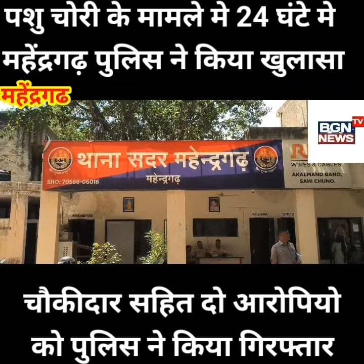 पशु चोरी के मामले मे 24 घंटे मे महेंद्रगढ़ पुलिस ने किया खुलासा, गांव पाली के चौकीदार सहित दो आरोपी गिरफ्तार, जल्द होगा बड़ा खुलासा