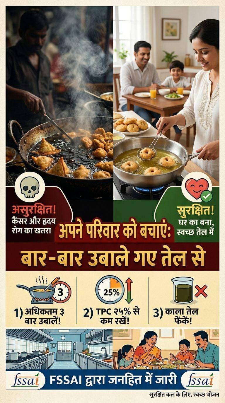 सावधान! कड़ाही में बार-बार खौलता तेल परोस रहा है गंभीर बीमारियां: FSSAI के कड़े नियम, उल्लंघन पर भारी जुर्माना और जेल
<nis:link nis:type=tag nis:id=लालबहादुर_भाखर nis:value=लालबहादुर_भाखर nis:enabled=true nis:link/> <nis:link nis:type=tag nis:id=latestnews nis:value=LatestNews nis:enabled=true nis:link/> <nis:link nis:type=tag nis:id=rajasthannews nis:value=RajasthanNews nis:enabled=true nis:link/>
बाजार में समोसे, कचौड़ी, जलेबी या नमकीन खाते समय क्या आपने कभी कड़ाही में उबल रहे तेल के रंग पर ध्यान दिया है? अगर तेल काला, गाढ़ा या झागदार दिख रहा है, तो वह केवल स्वाद नहीं बिगाड़ रहा, बल्कि आपकी सेहत में धीमा जहर घोल रहा है। भारतीय खाद्य सुरक्षा और मानक प्राधिकरण (FSSAI) के स्पष्ट दिशानिर्देशों के बावजूद कई हलवाई और स्ट्रीट वेंडर्स एक ही तेल को हफ्तों तक इस्तेमाल करते हैं, जो कानूनन अपराध है।
सेहत पर वार: क्यों खतरनाक है दोबारा तला हुआ तेल?
* कैंसर का जोखिम: बार-बार गर्म होने पर तेल में कार्सिनोजेनिक (कैंसर पैदा करने वाले तत्व) और फ्री रेडिकल्स बन जाते हैं।
* दिल की बीमारियां: लगातार उबलने से तेल में ट्रांस फैट और बैड कोलेस्ट्रॉल (LDL) की मात्रा बढ़ती है, जिससे हार्ट अटैक का खतरा रहता है।
* पेट और लिवर की समस्याएं: ऐसा भोजन गंभीर एसिडिटी, अल्सर, फैटी लिवर और पाचन तंत्र की खराबी का कारण बनता है।
FSSAI के अनिवार्य नियम
* अधिकतम 3 बार इस्तेमाल: किसी भी तेल को तलने के लिए अधिकतम 3 बार ही गर्म किया जा सकता है।
* TPC की सीमा 25%: तेल में टोटल पोलर कंपाउंड्स (TPC) की मात्रा 25% से अधिक होने पर उसे तुरंत नष्ट करना अनिवार्य है।
* टॉपिंग-अप पर रोक: पुराने या जले हुए तेल में नया तेल मिलाकर इस्तेमाल करने पर पूरी तरह प्रतिबंध है।
* RUCO पहल: प्रतिदिन 50 लीटर से अधिक तेल की खपत करने वाले बड़े होटलों/दुकानों को बचा हुआ तेल बायोडीजल बनाने वाली अधिकृत एजेंसियों को देना जरूरी है।
कानूनी प्रावधान, जुर्माना और सजा (खाद्य सुरक्षा कानून के तहत)
* अमानक भोजन (Substandard Food): धारा 51 के तहत घटिया या बार-बार इस्तेमाल किए गए तेल में खाद्य सामग्री बेचने पर ₹5 लाख तक का जुर्माना हो सकता है।
* असुरक्षित भोजन (Unsafe Food): धारा 59 के तहत जहरीला या स्वास्थ्य को नुकसान पहुंचाने वाला भोजन बेचने पर ₹1 लाख से ₹10 लाख तक का जुर्माना और 6 महीने से लेकर आजीवन कारावास (उम्रकैद) तक की सजा का प्रावधान है।
* लाइसेंस रद्द: नियमों का बार-बार उल्लंघन करने पर दुकान का फूड लाइसेंस तुरंत रद्द किया जा सकता है।
उपभोक्ता क्या करें?
काले और झागदार तेल में बने खाद्य पदार्थों को खरीदने से बचें। यदि कोई दुकानदार बार-बार एक ही तेल का उपयोग करता पाया जाए, तो उसकी शिकायत FSSAI के ऑनलाइन पोर्टल (Food Safety Connect App) या स्थानीय खाद्य सुरक्षा अधिकारी से दर्ज करवाएं।