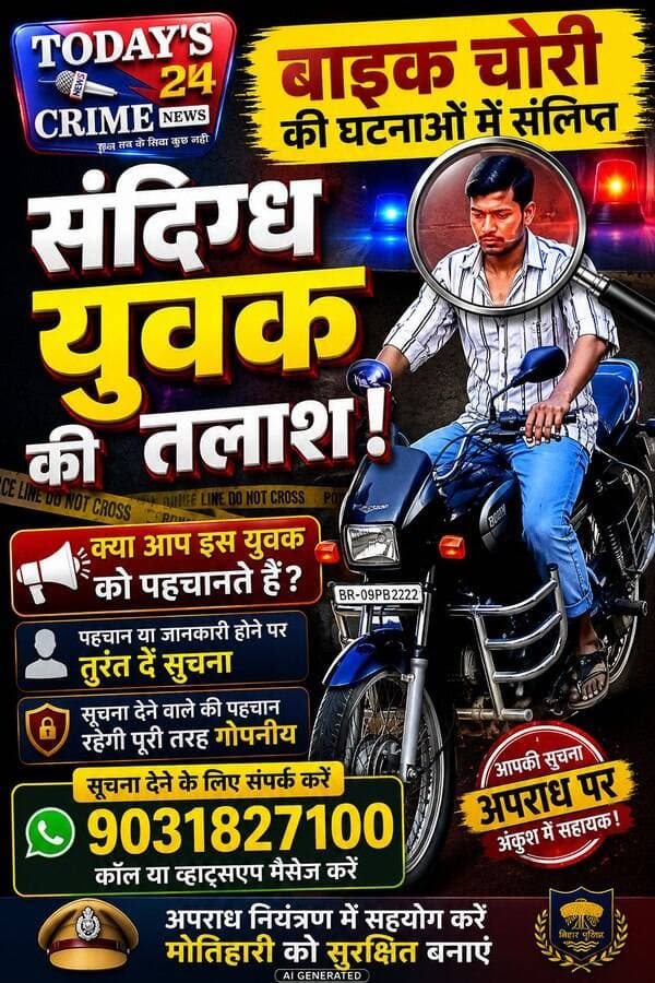 बाइक चोर की पहचान में जुटी मोतिहारी पुलिस, सूचना देने की अपील
मोतिहारी। बाइक चोरी की घटनाओं को लेकर मोतिहारी पुलिस कप्तान स्वर्ण प्रभात ने एक संदिग्ध युवक की तस्वीर जारी कर आम लोगों से उसकी पहचान करने की अपील की है। पुलिस के अनुसार, तस्वीर में दिख रहा व्यक्ति बाइक चोरी की घटनाओं में संलिप्त बताया जा रहा है। पुलिस ने लोगों से अपील की है कि युवक की पहचान या उसके संबंध में कोई जानकारी मिलने पर तुरंत नजदीकी थाना अथवा पुलिस को सूचना दें। सूचना देने वाले व्यक्ति की पहचान पूरी तरह गोपनीय रखी जाएगी। जानकारी 9031827100 नंबर पर कॉल या व्हाट्सऐप मैसेज के माध्यम से दी जा सकती है। पुलिस ने लोगों से सतर्क रहने और अपराध नियंत्रण में सहयोग करने की अपील की है।
#motiharinews #amiteshkumar #motiharinewsupdate #Todays_24_Crime_News #motiharpolice