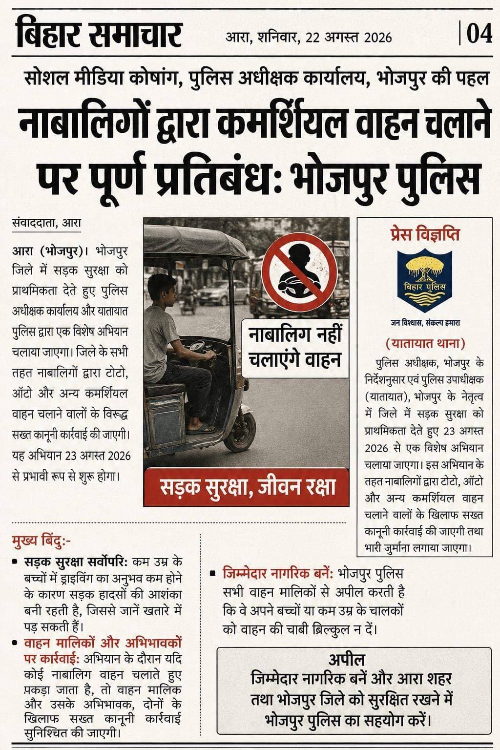 नाबालिग को वाहन न दें, अन्यथा होगी कार्रवाई।