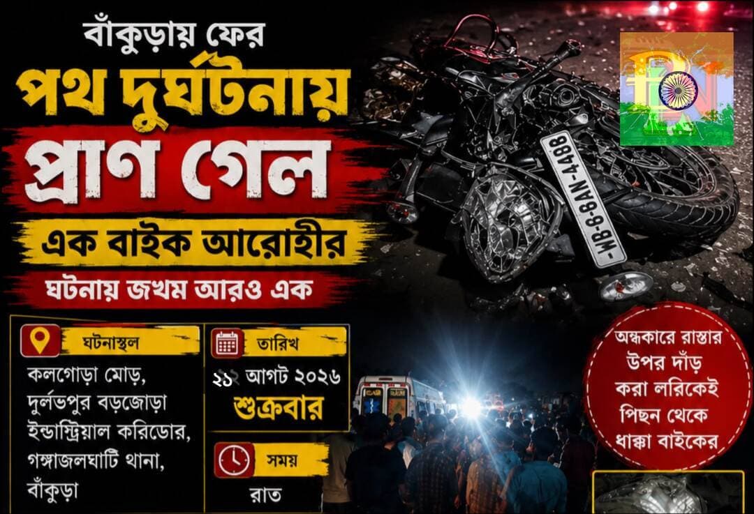 বাঁকুড়ায় ফের পথ দু*র্ঘটনায় প্রা*ণহানি!!
অন্ধকারে দাঁড়িয়ে থাকা লরিতে বাইকের ধাক্কা !!!
বাঁকুড়ার দুর্লভপুর-বড়জোড়া ইন্ডাস্ট্রিয়াল করিডোরে ফের পথ দু*র্ঘটনায় প্রা*ণ গেল এক বাইক আরোহীর। শুক্রবার রাতে গঙ্গাজলঘাটি থানার কলগোড়া স্বাস্থ্যকেন্দ্র মোড়ের কাছে এই দুর্ঘটনায় গুরুতর আহত হয়েছেন আরও এক বাইক আরোহী।
পুলিশ সূত্রে জানা গিয়েছে, মৃ*তের নাম কাঞ্চন কুন্ডু। তিনি গঙ্গাজলঘাটি থানার দুবেরডাঙ্গা গ্রামের বাসিন্দা। গুরুতর আহত তাপস আখুলির বাড়ি মেজিয়া থানার শুখাবাদ গ্রামে।
জানা যায়, শুক্রবার রাতে একটি বাইকে চড়ে দুর্লভপুর-বড়জোড়া ইন্ডাস্ট্রিয়াল করিডোর ধরে যাচ্ছিলেন কাঞ্চন কুন্ডু ও তাপস আখুলি। কলগোড়া স্বাস্থ্যকেন্দ্র মোড়ের কাছে রাস্তার উপর অন্ধকার জায়গায় একটি লরি দাঁড়িয়ে ছিল। অন্ধকারে দাঁড়িয়ে থাকা লরিটিকে দেখতে না পেয়ে বাইকটি সজোরে গিয়ে লরির পিছনে ধাক্কা মারে।
ধাক্কার জেরে বাইক থেকে ছিটকে পড়েন দু’জনেই। স্থানীয়রা তড়িঘড়ি তাঁদের উদ্ধার করে অমরকানন গ্রামীণ হাসপাতালে নিয়ে যান। সেখানে চিকিৎসকেরা কাঞ্চন কুন্ডুকে মৃ*ত বলে ঘোষণা করেন।
অন্যদিকে, গুরুতর আহত তাপস আখুলিকে প্রাথমিক চিকিৎসার পর বাঁকুড়া সম্মিলনী মেডিক্যাল কলেজ ও হাসপাতালে স্থানান্তরিত করা হয়েছে।
দুর্লভপুর-বড়জোড়া ইন্ডাস্ট্রিয়াল করিডোরে একের পর এক দু*র্ঘটনায় প্রা*ণহানির ঘটনায় ফের উঠছে রাস্তার নিরাপত্তা ও অন্ধকারে রাস্তার উপর লরি দাঁড় করিয়ে রাখার মতো বিষয় নিয়ে প্রশ্ন। ঘটনার তদন্ত শুরু করেছে পুলিশ!!!
